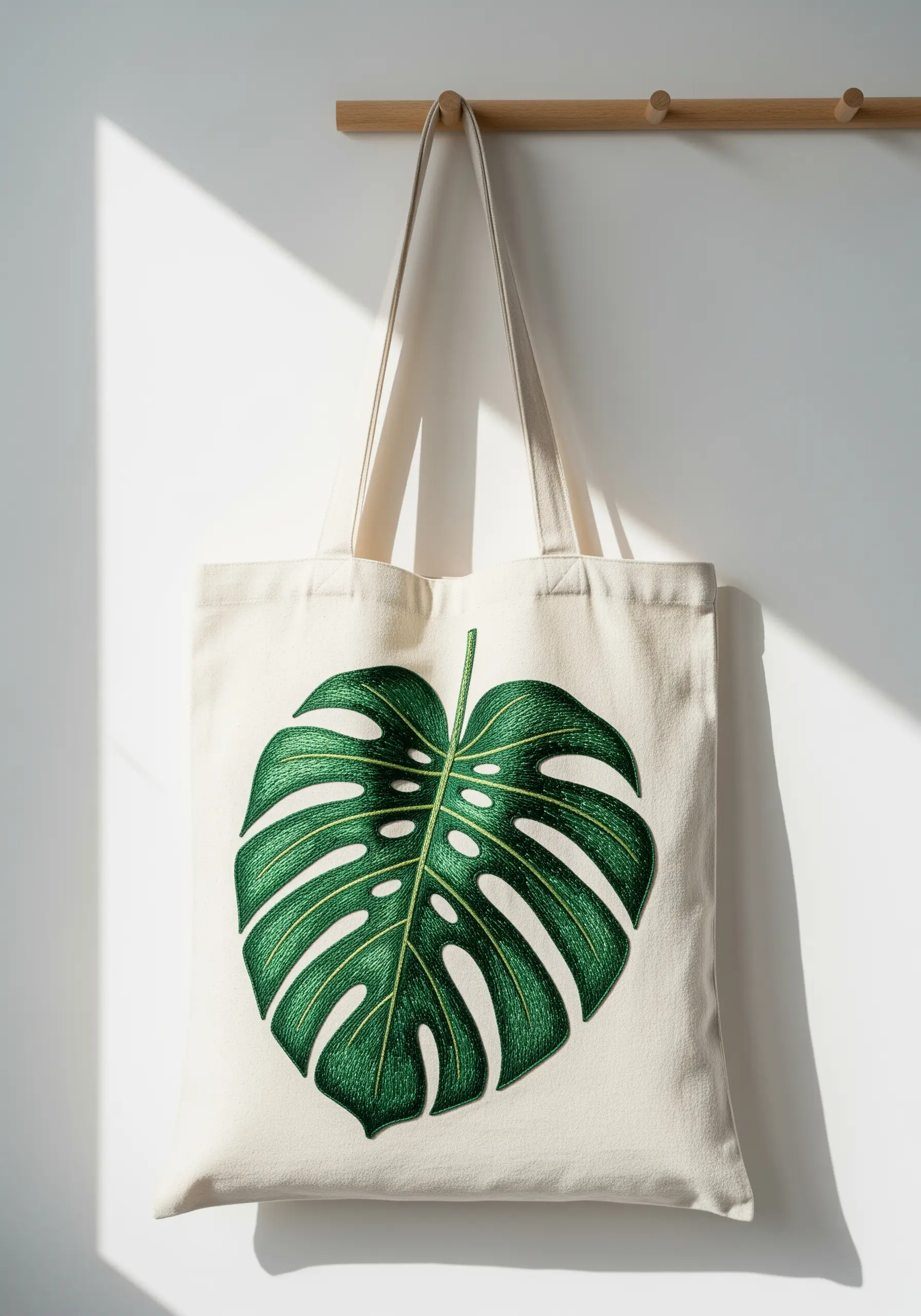 A large, realistically shaded Monstera leaf embroidered with thread painting techniques.