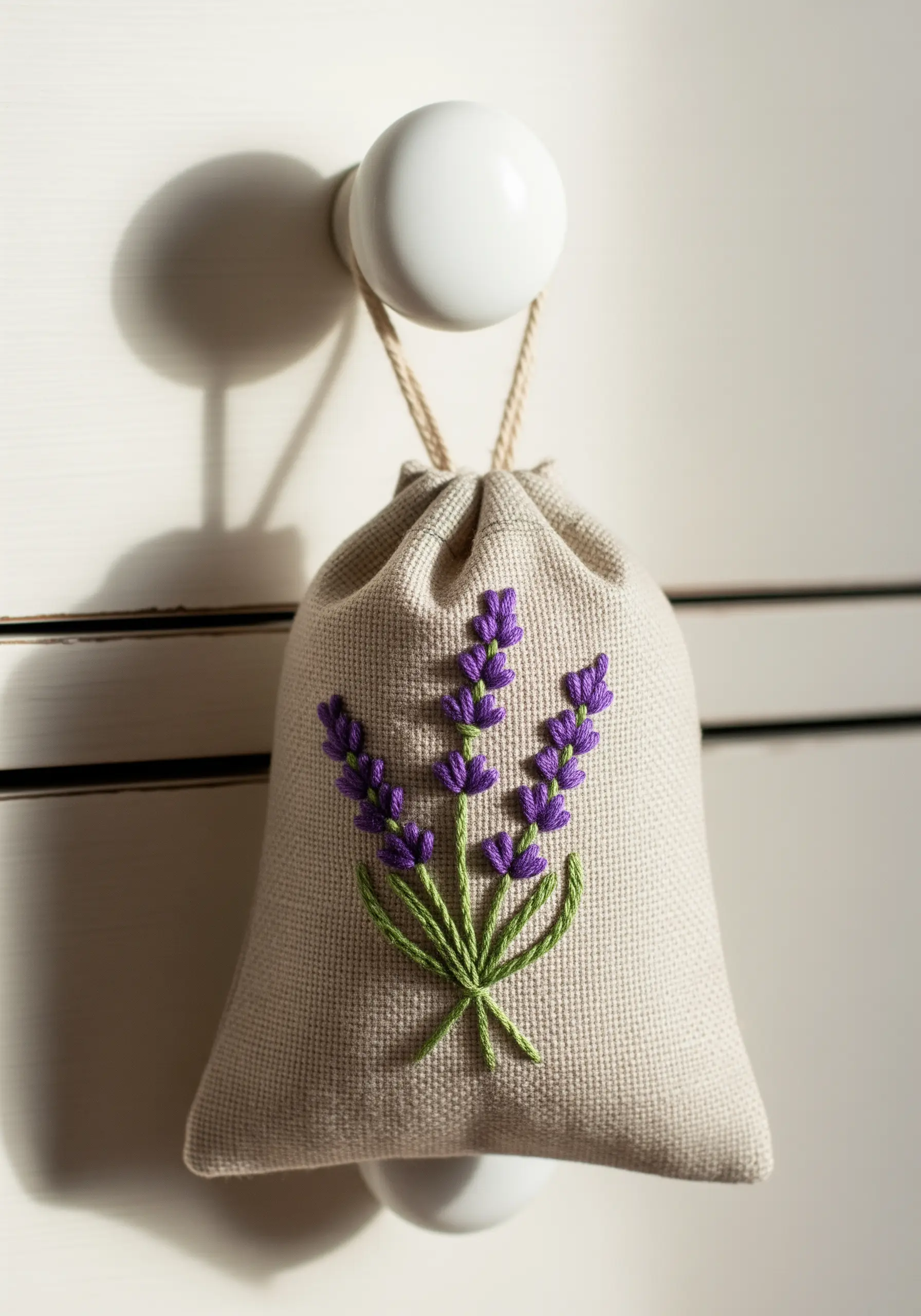 A simple lavender sprig embroidered onto a small linen drawstring pouch.