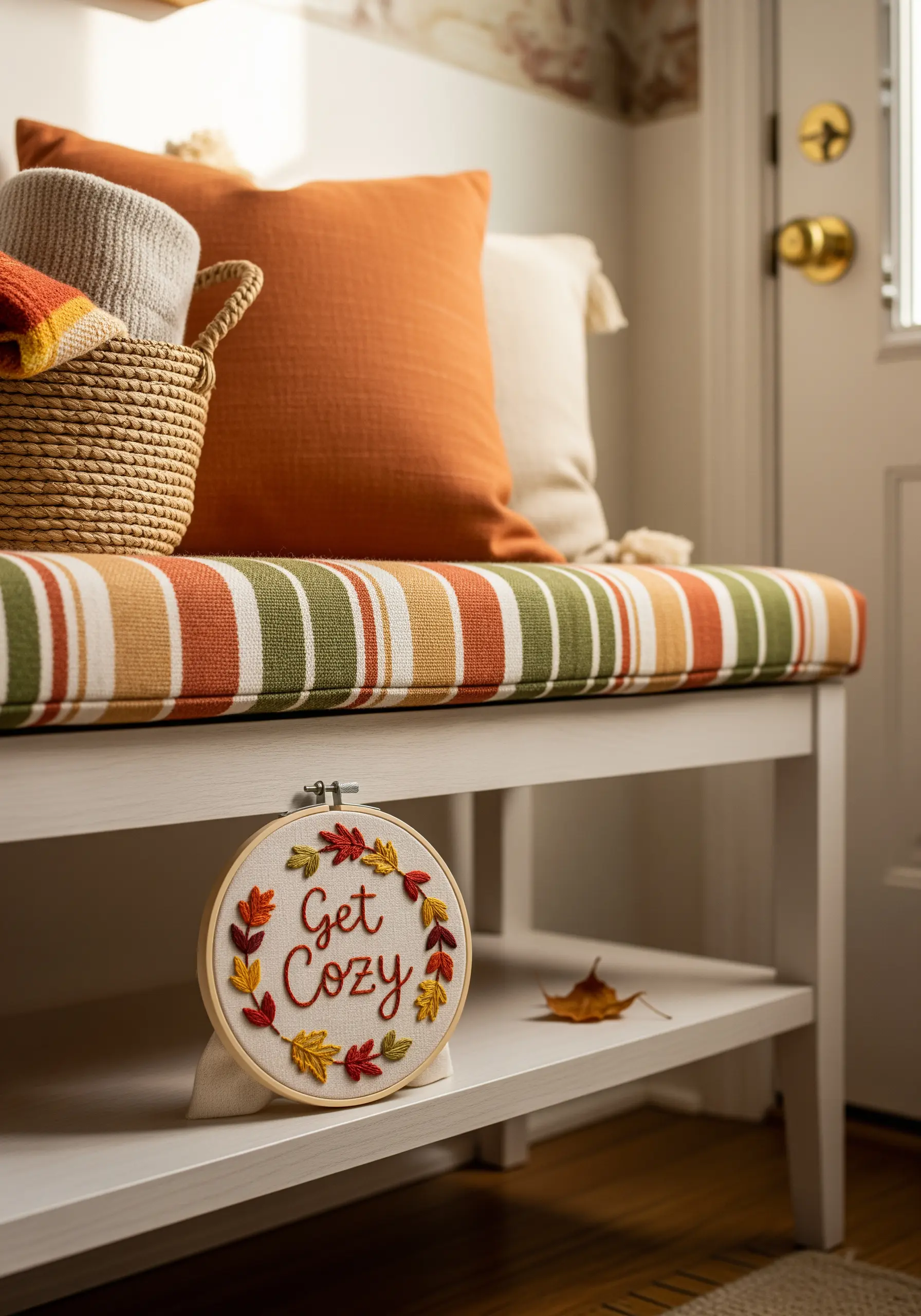 Embroidery hoop with the words 'Get Cozy' surrounded by a wreath of autumn leaves.