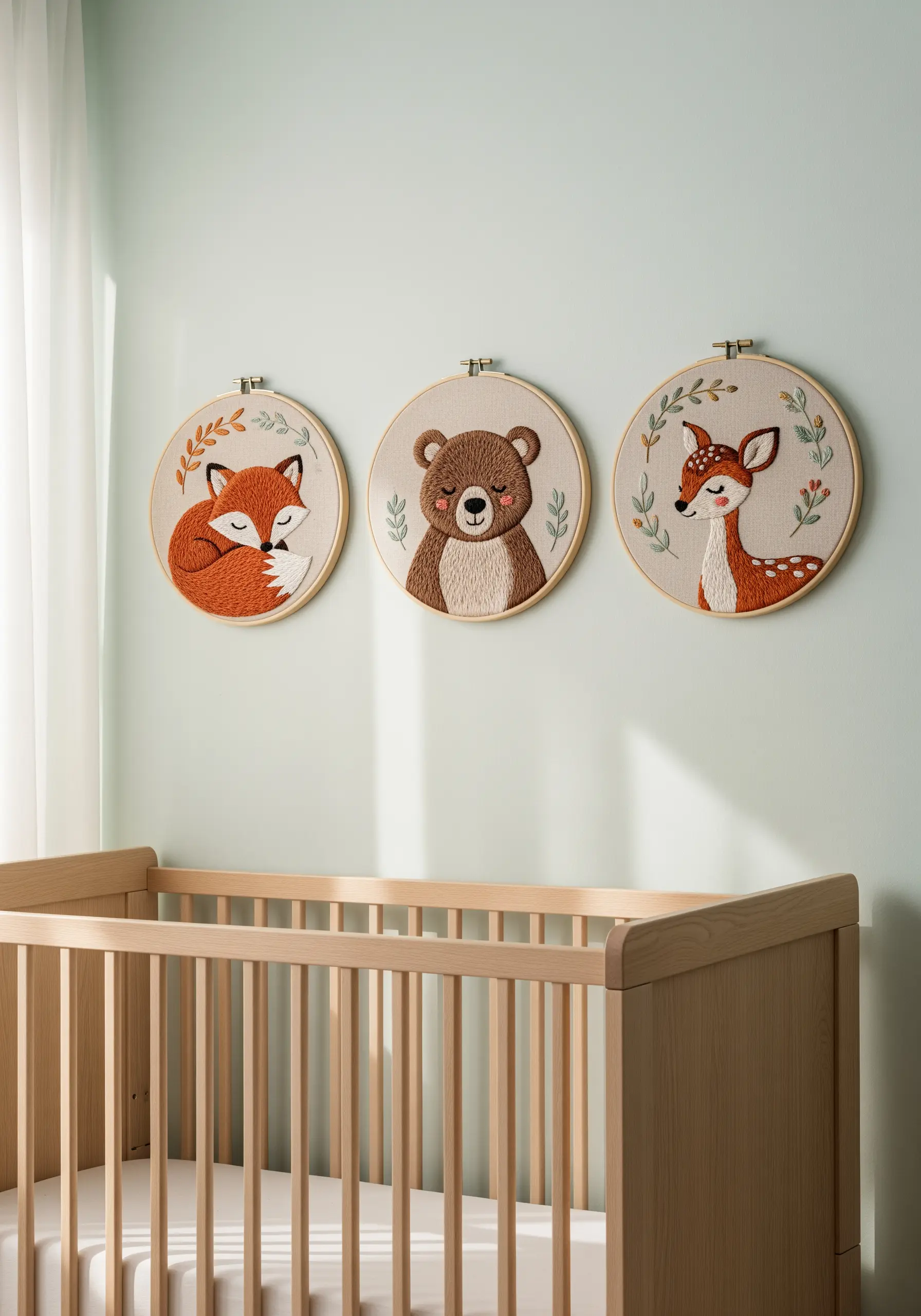 Embroidered woodland animals with detailed satin stitch fur texture.