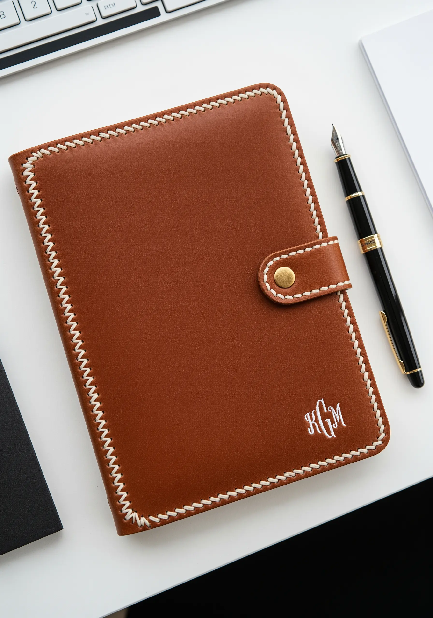 A classic white satin-stitched monogram on the corner of a brown leather journal.
