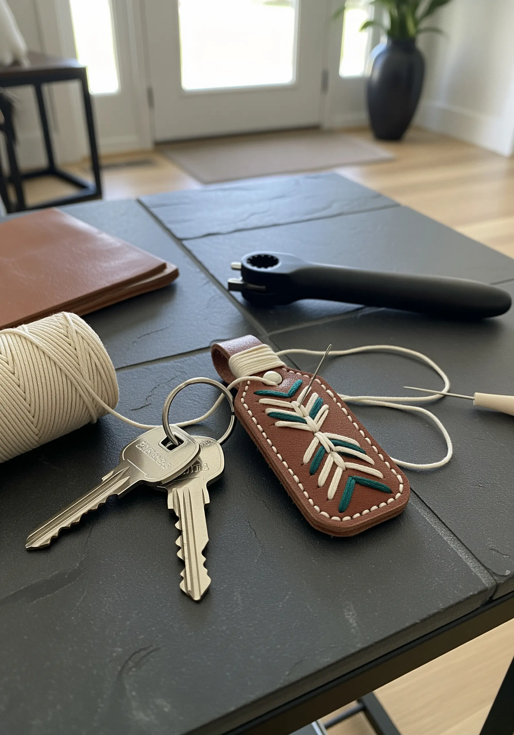 A geometric pattern in teal and white thread stitched onto a brown leather key fob.