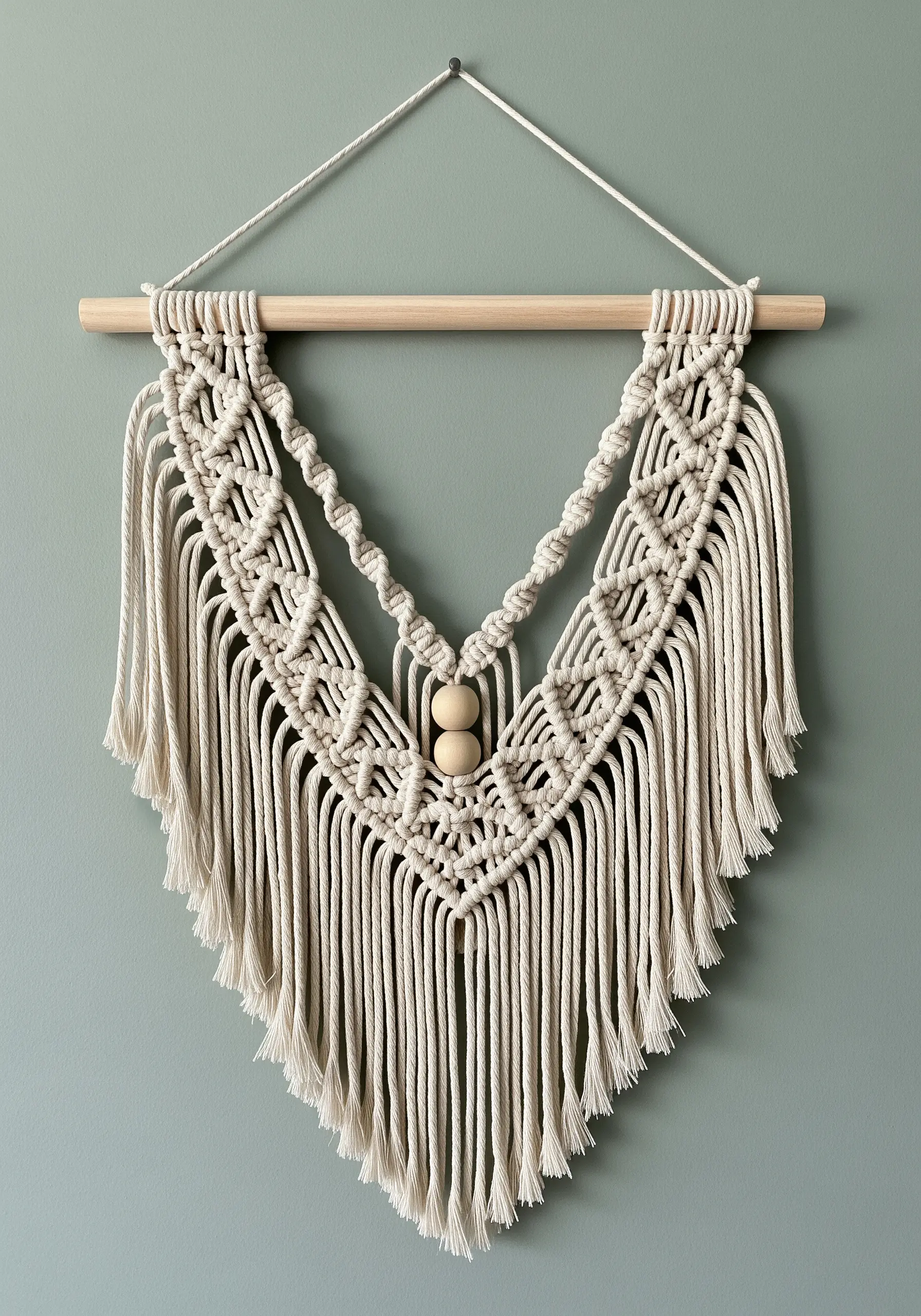 Neutral macrame wall hanging with geometric knot patterns and wooden beads on a sage green wall.