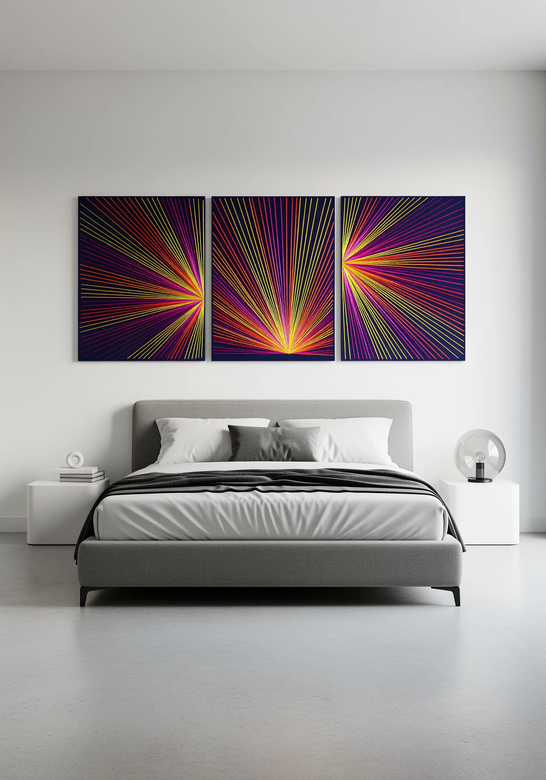 A triptych of abstract embroidery panels with radiating neon lines on a dark background.