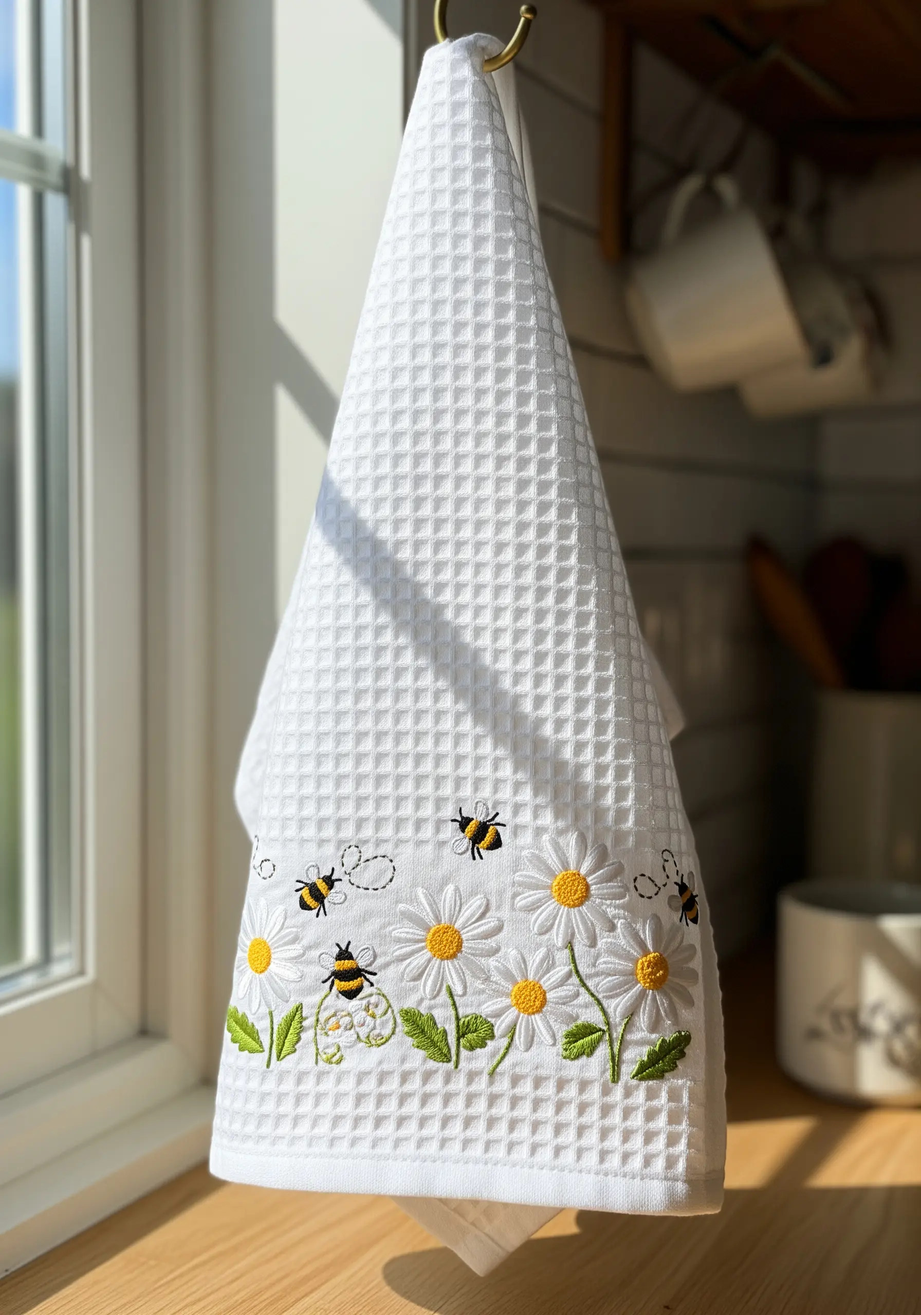 Daisies and bees embroidered on the border of a white waffle weave kitchen towel.