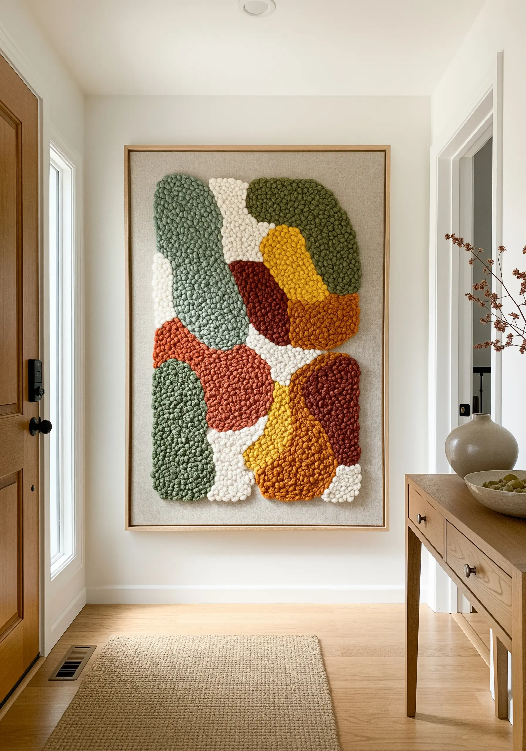 Large framed punch needle wall art with abstract organic shapes in earthy colors.