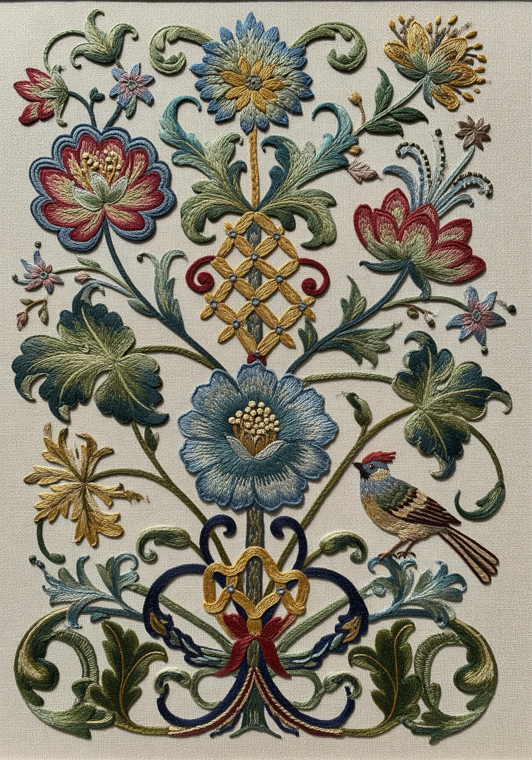 Intricate Jacobean-style crewel embroidery with stylized flowers, leaves, and a small bird.