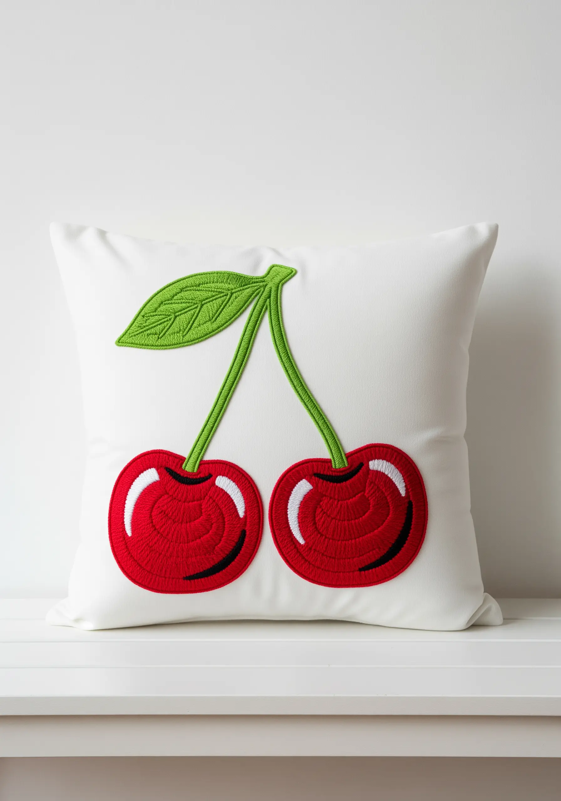 Bright red cherry appliqué with a clean, embroidered satin stitch border.