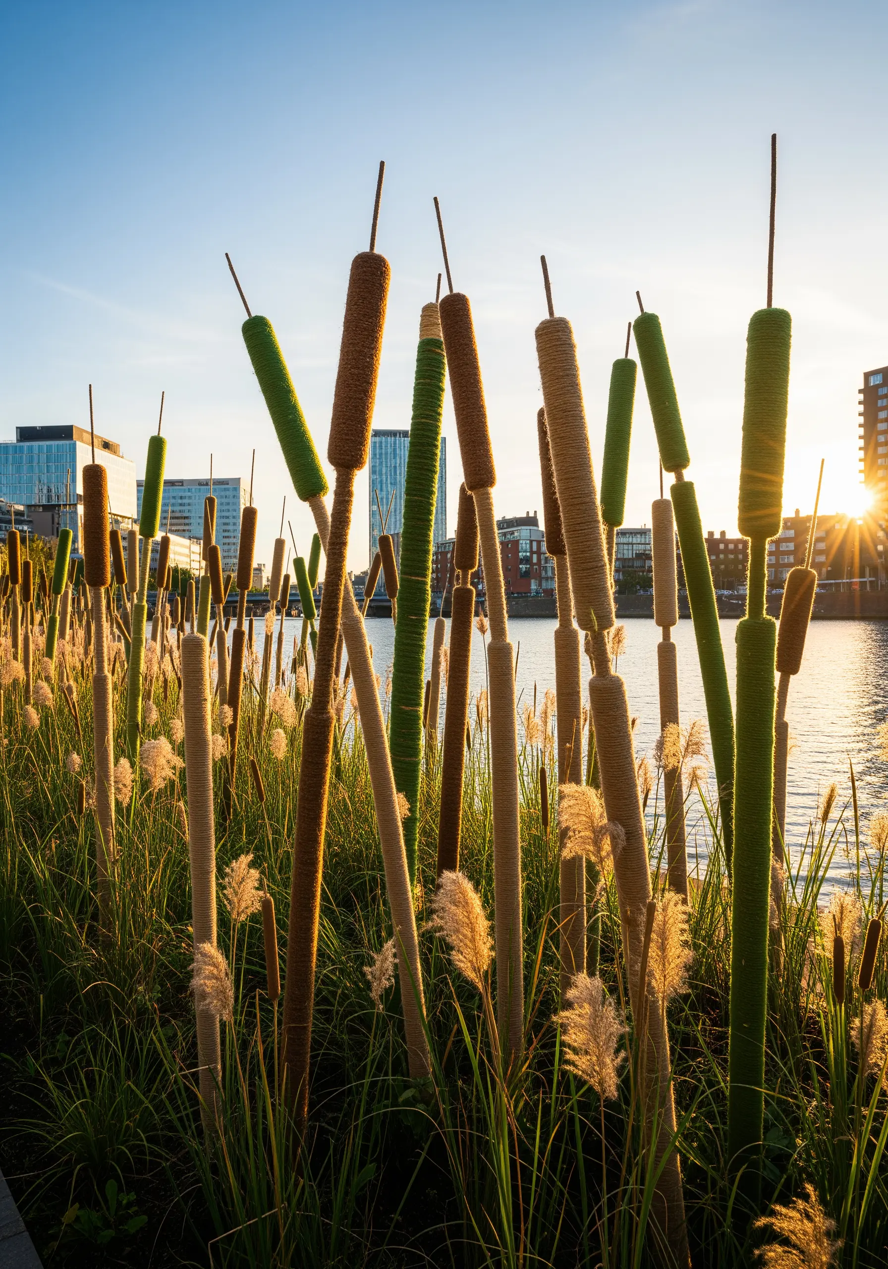 A field of reeds and cattails made from tall poles wrapped in brown and green yarn.