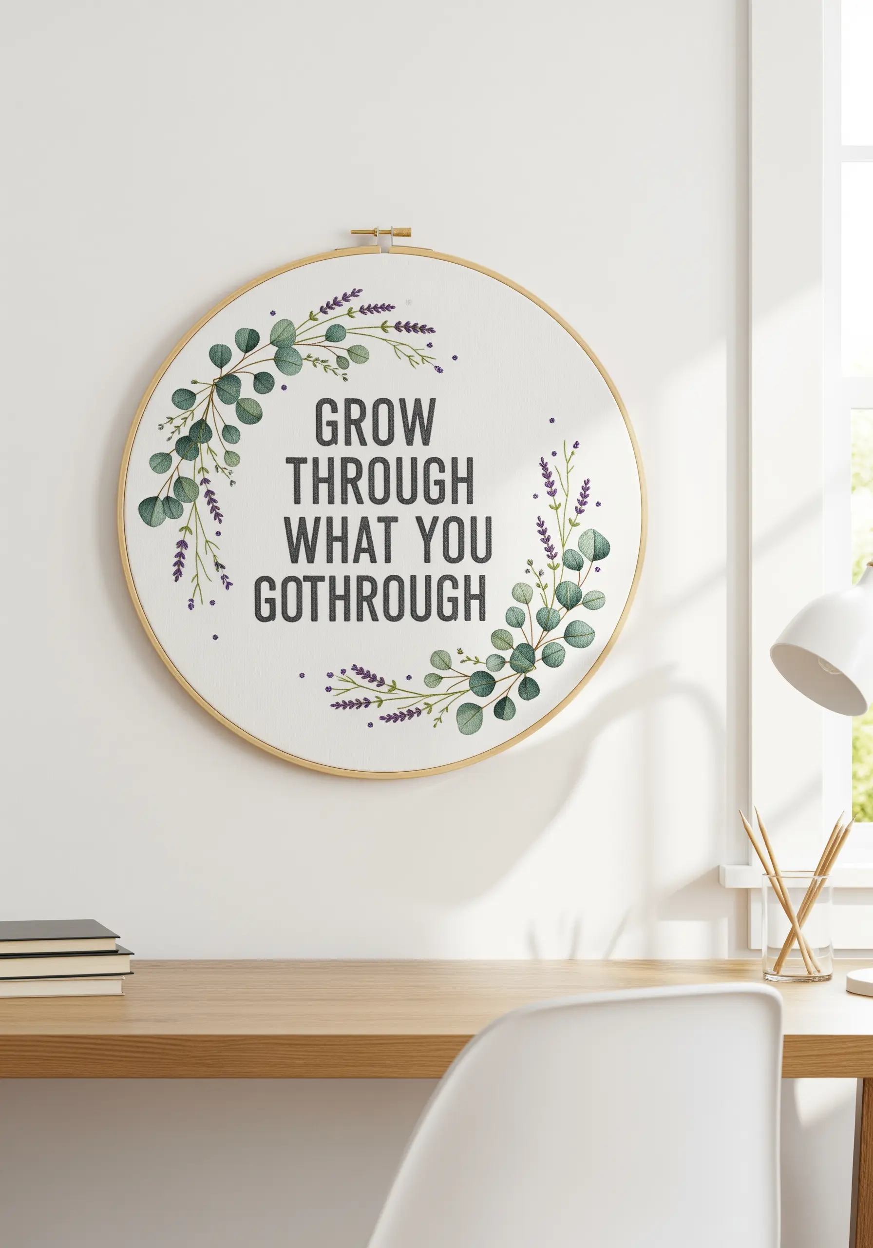 Embroidered quote with a delicate eucalyptus and lavender wreath on white fabric.