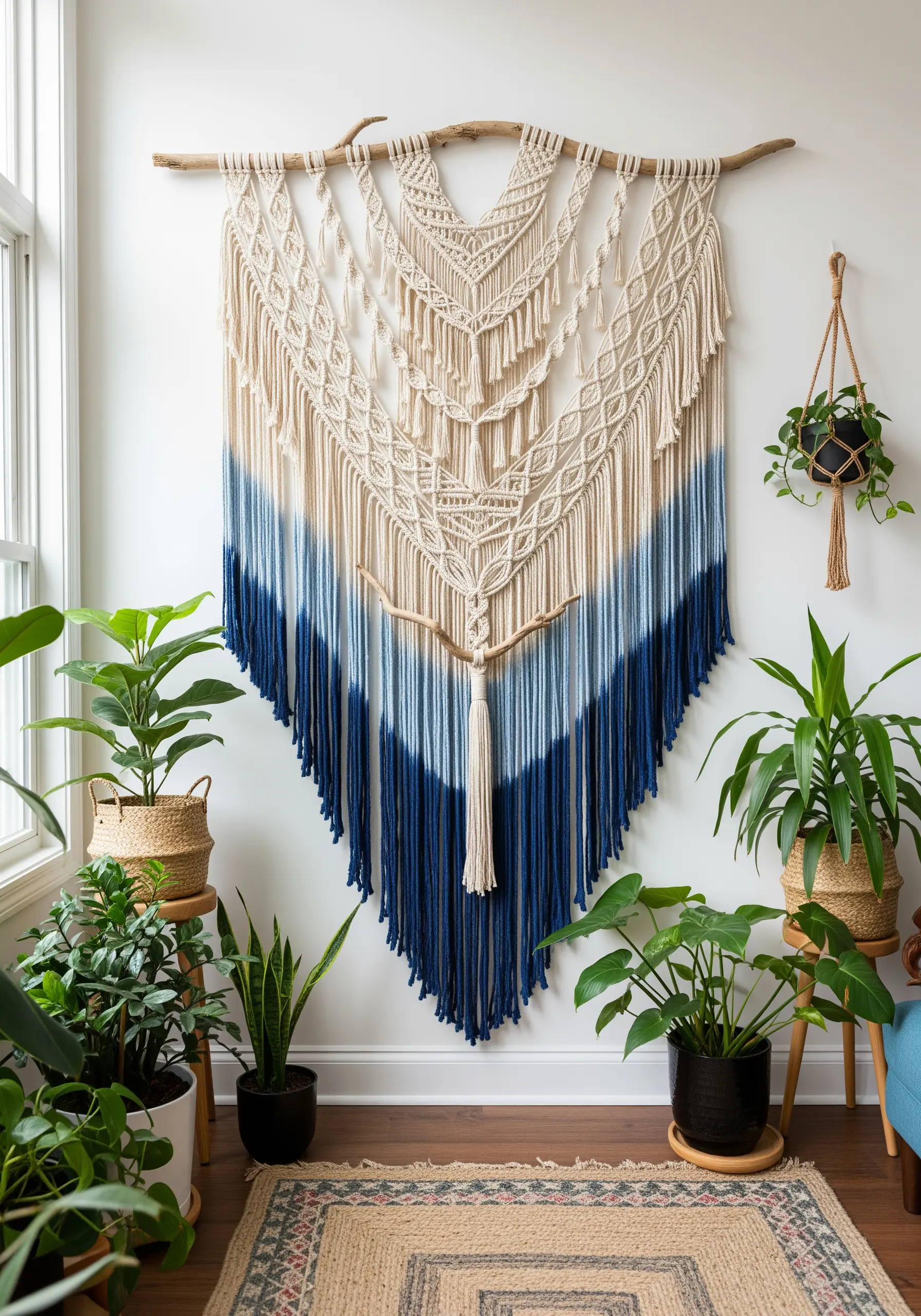 Large dip-dyed macrame wall hanging with a deep indigo gradient on natural cotton.