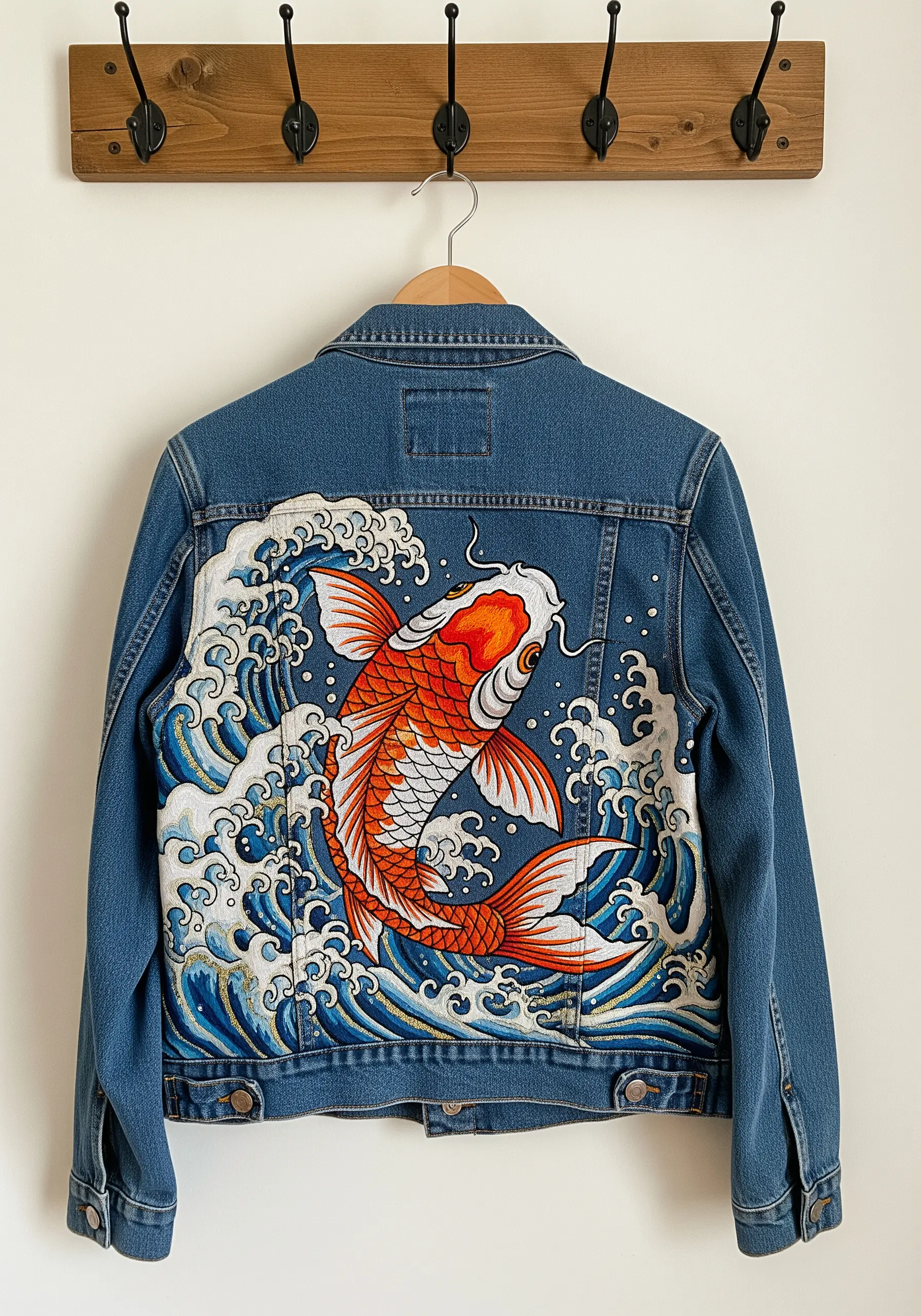 A denim jacket with a large, intricate embroidery of a koi fish and waves on the back.