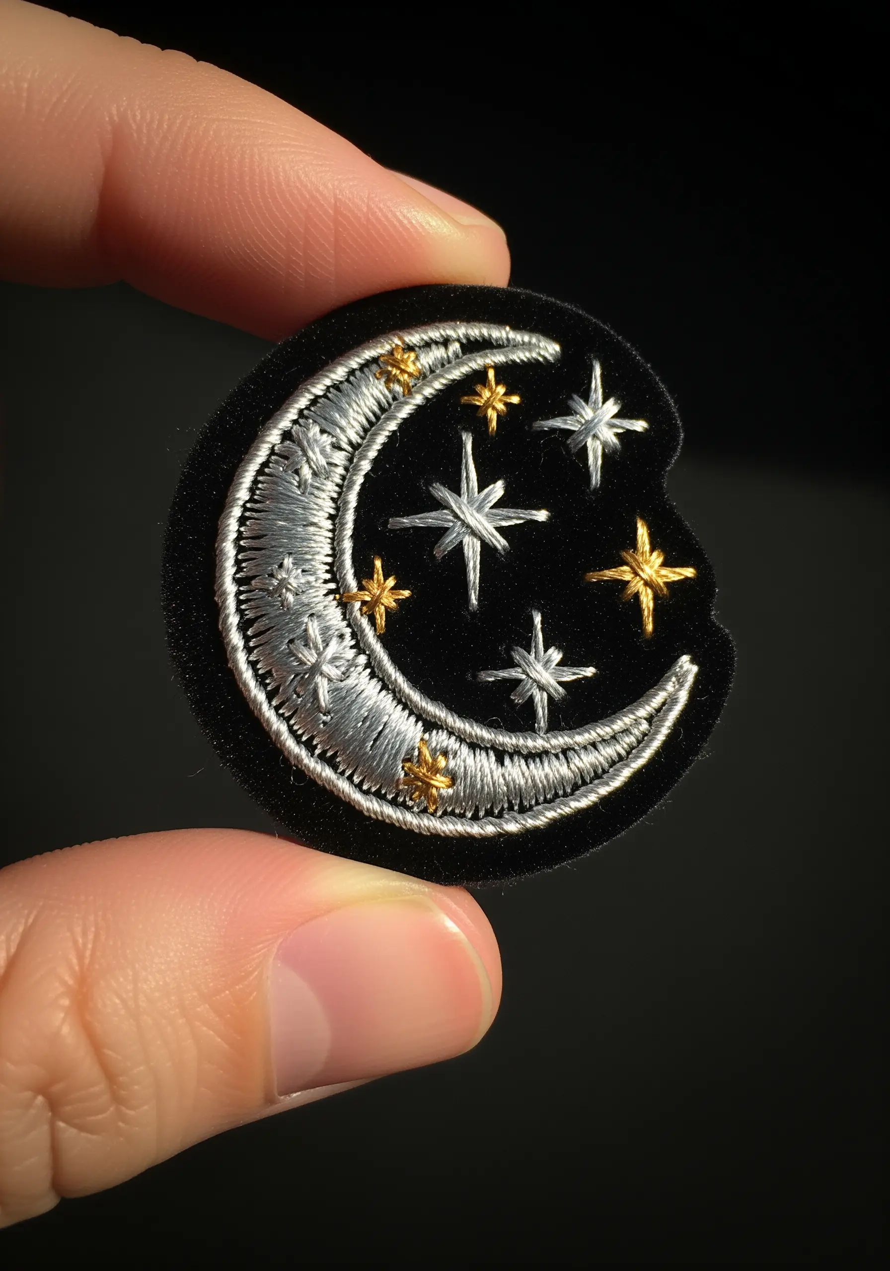 A hand-held embroidered patch of a crescent moon and stars, stitched with silver and gold thread.
