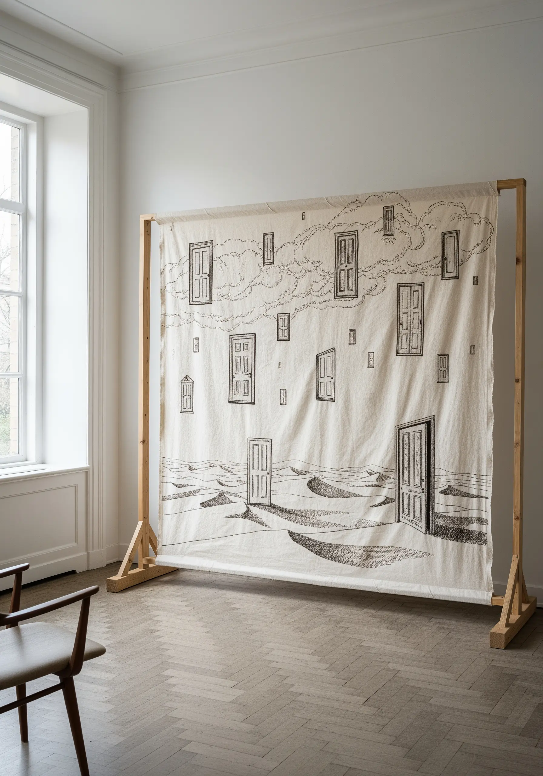 Large-scale line art embroidery of floating doors in a desert landscape.