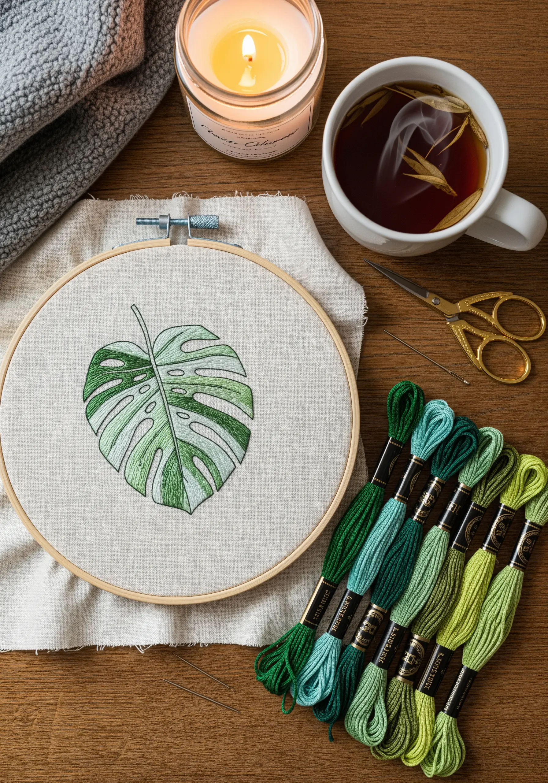 An embroidered monstera leaf with blended green threads next to a candle and cup of tea.