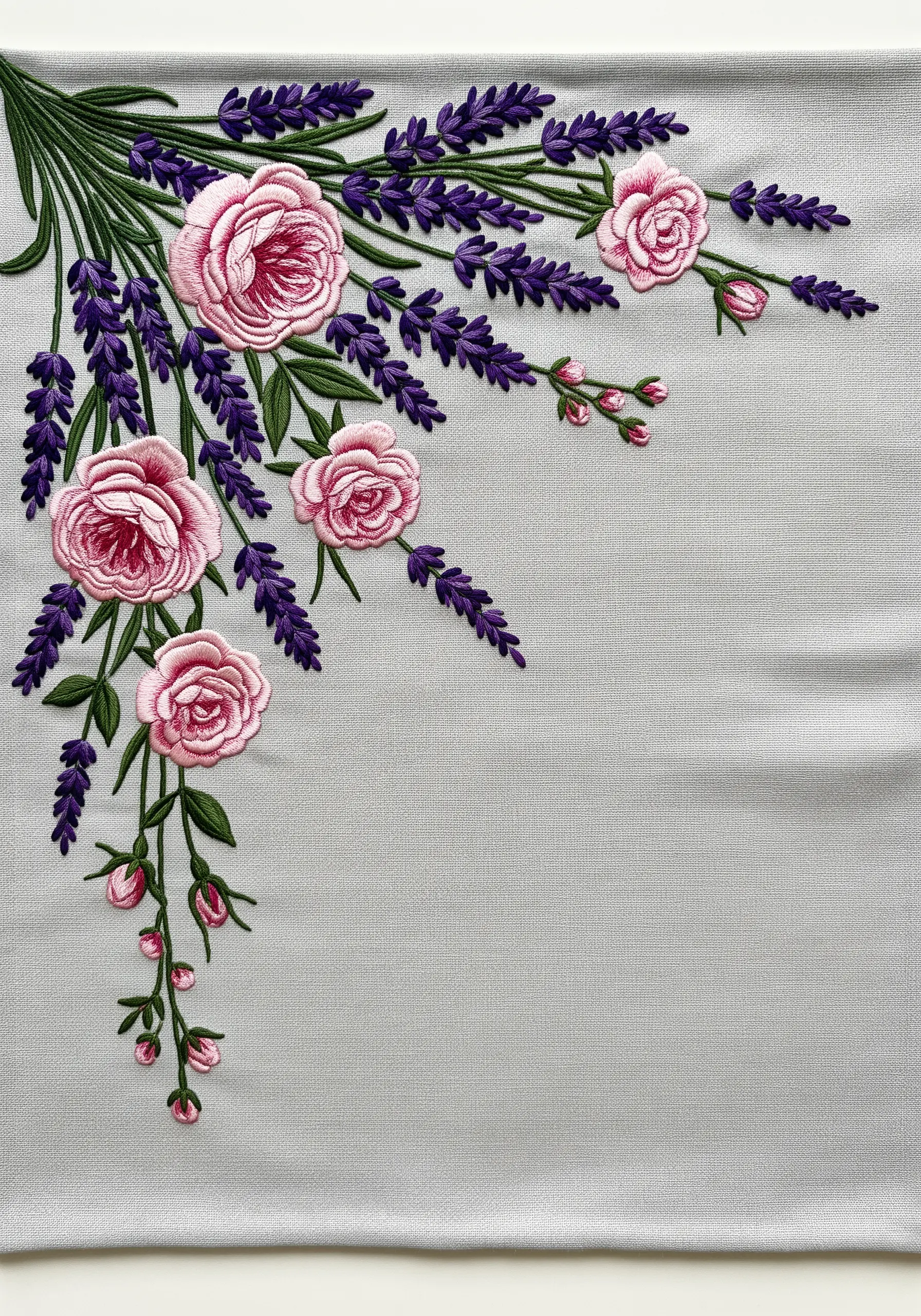 An elegant corner design with thread-painted pink roses and deep purple lavender sprays.