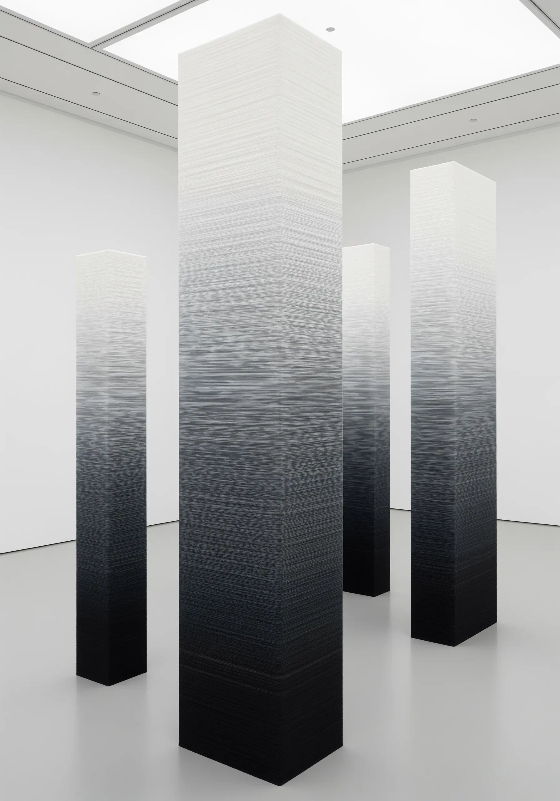 Tall, minimalist sculptures wrapped in thread, showing a perfect black-to-white gradient.