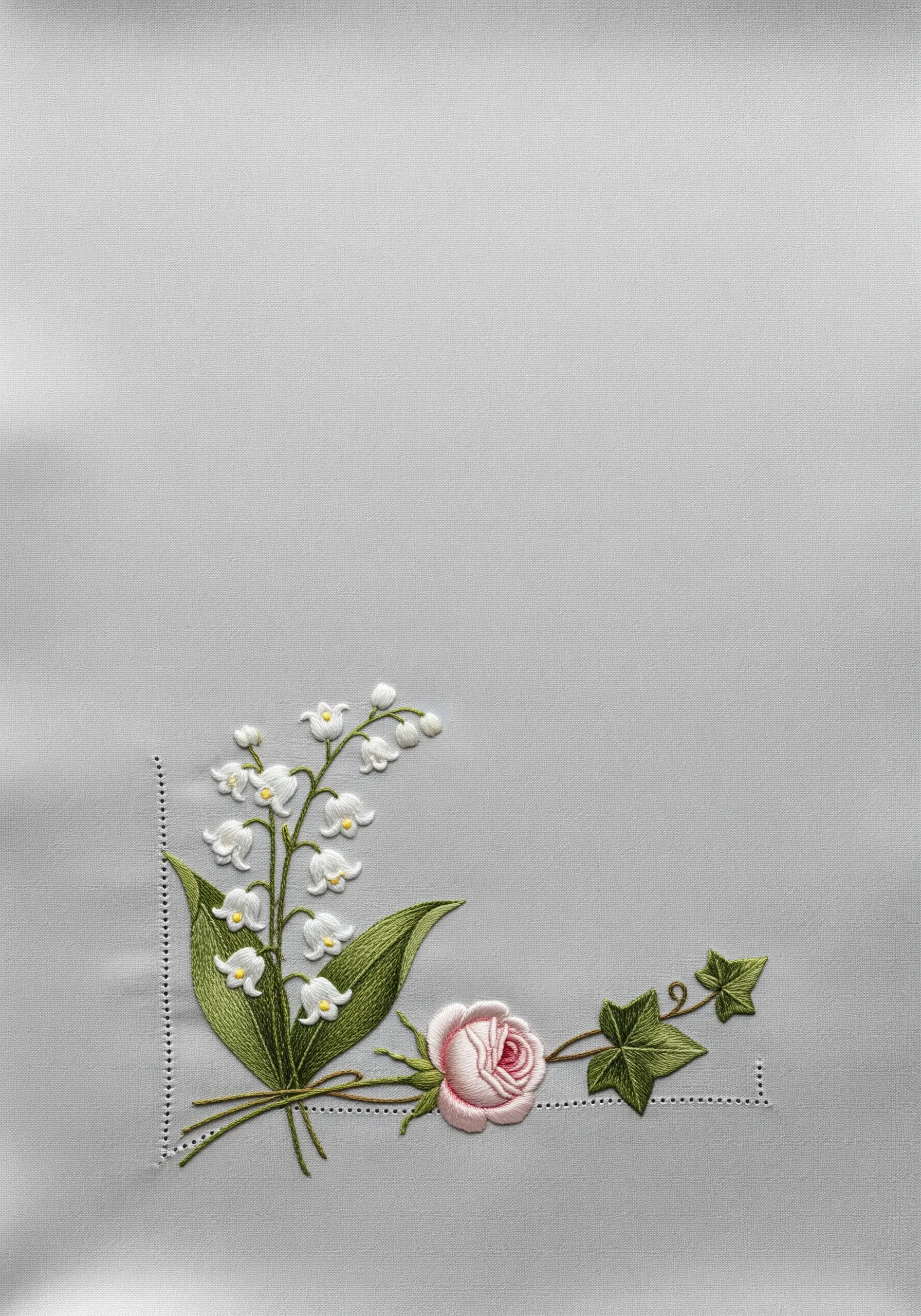A minimalist embroidered corner with a single pink rose and a sprig of lily-of-the-valley.