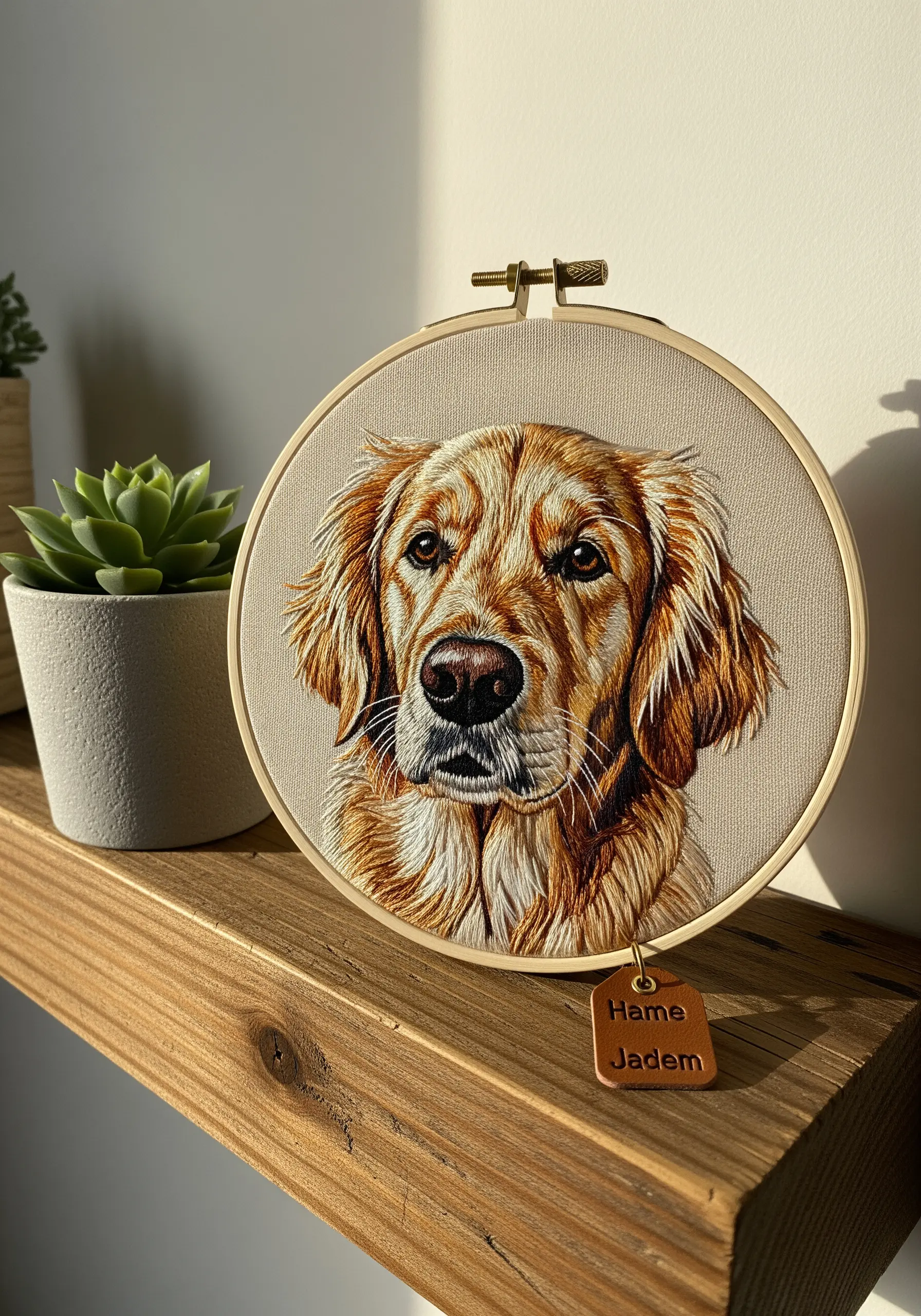 A realistic thread-painted portrait of a golden retriever in an embroidery hoop.