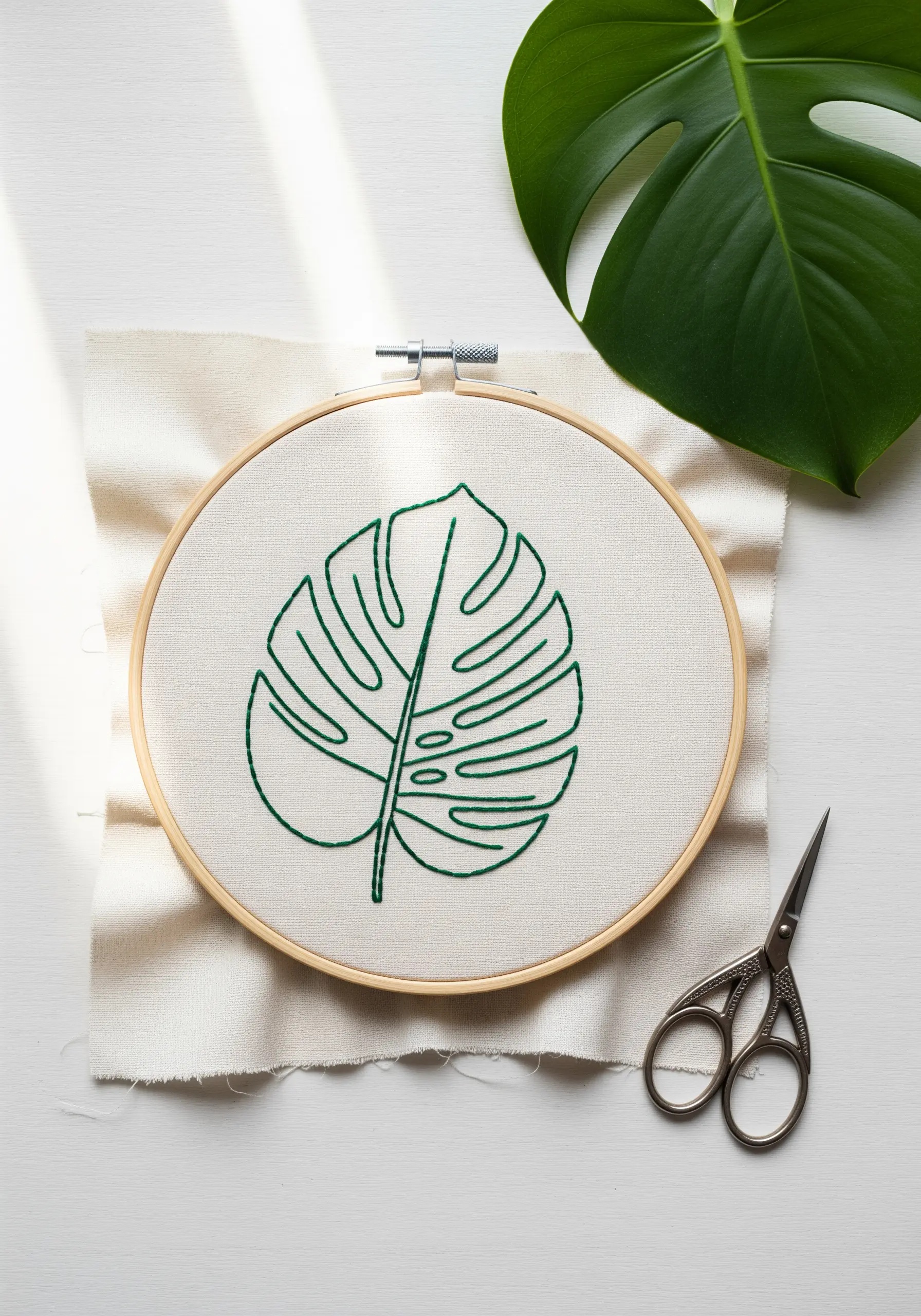 A single, bold green outline of a monstera leaf embroidered on off-white fabric in a hoop.