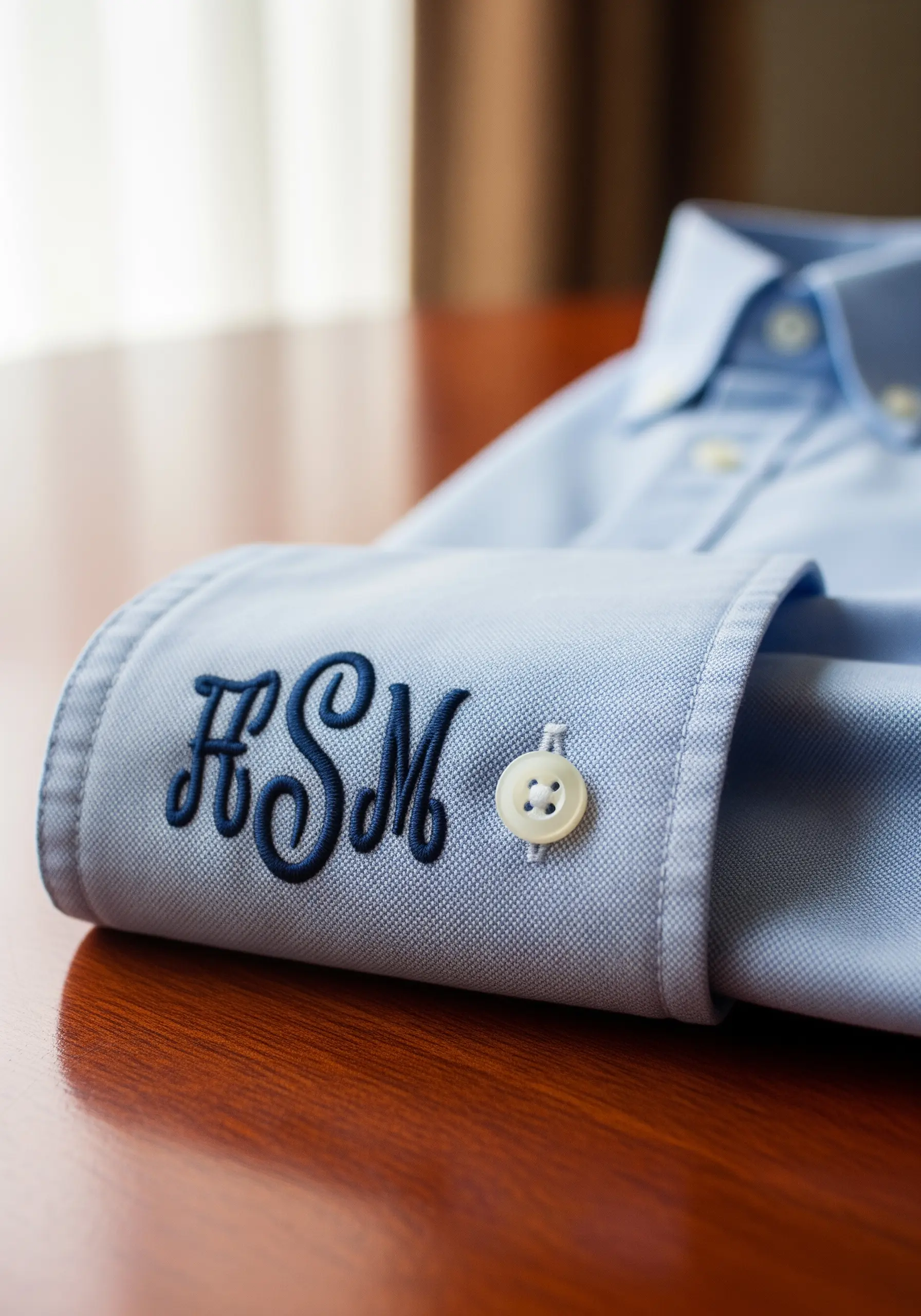 A perfectly executed navy blue satin-stitched monogram on the cuff of a light blue dress shirt.