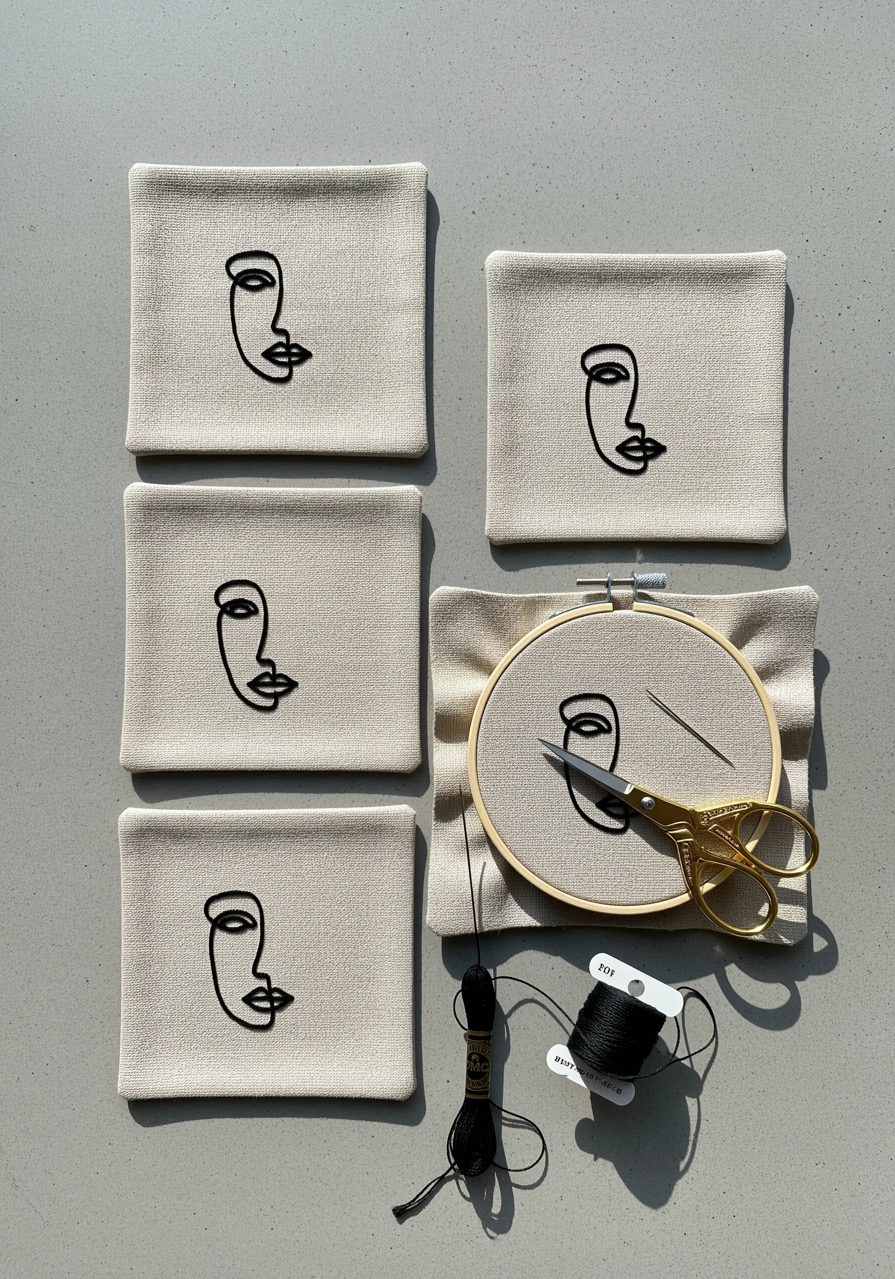 Abstract face stitched in black thread on a set of neutral fabric coasters.