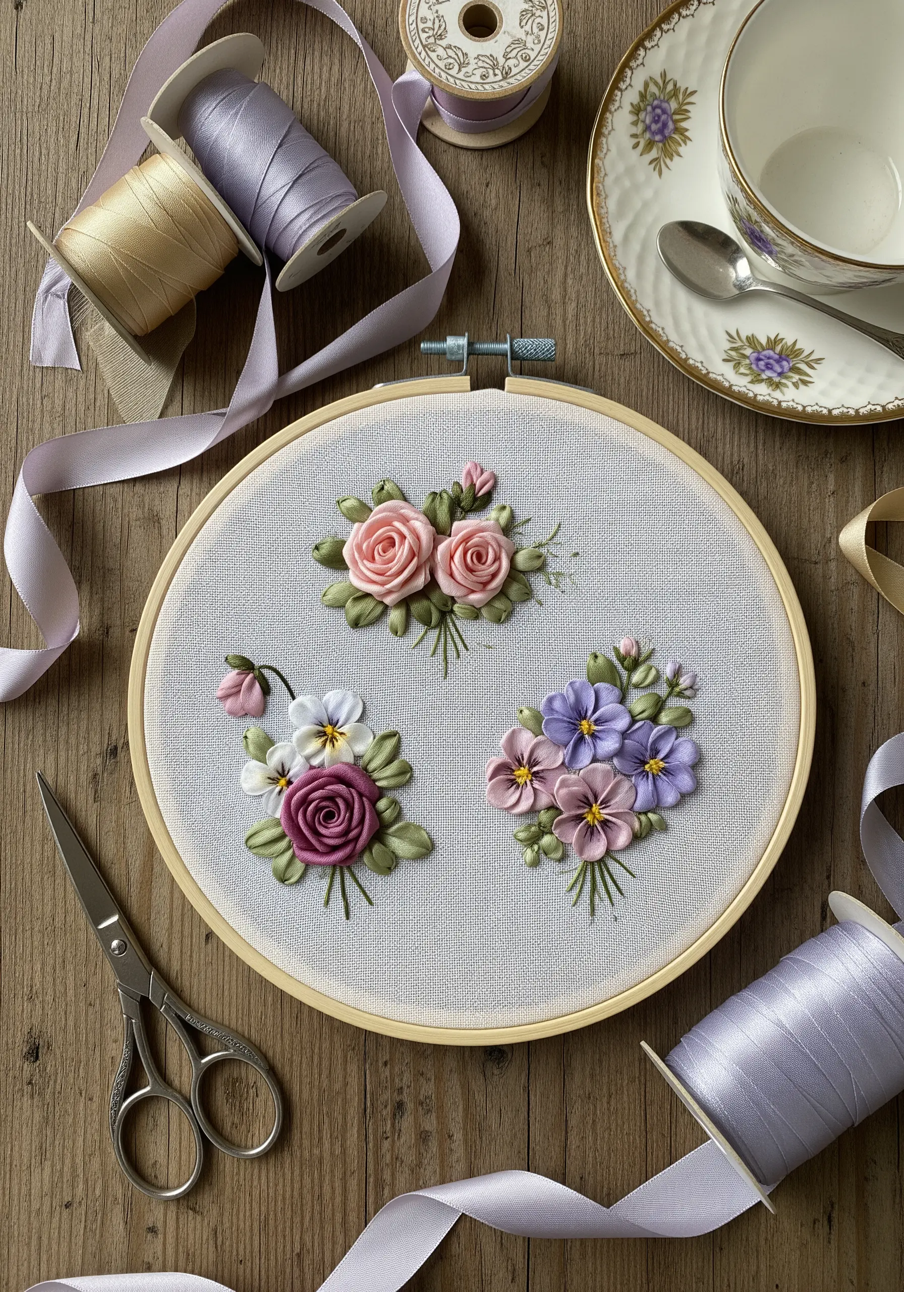 Silk ribbon embroidery roses in pink and purple on hoop