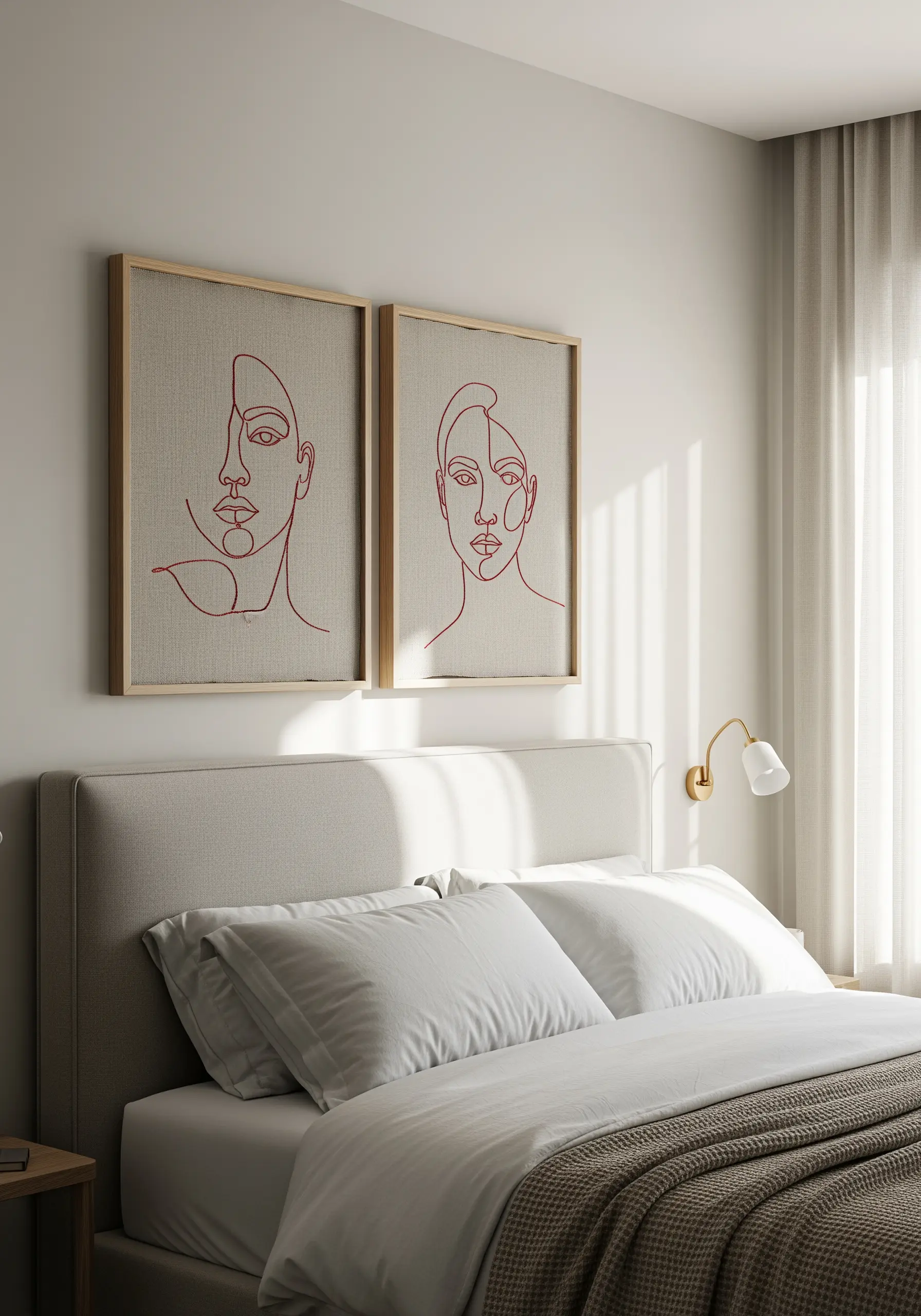 A pair of framed minimalist portraits stitched in single-line style with red thread on linen.
