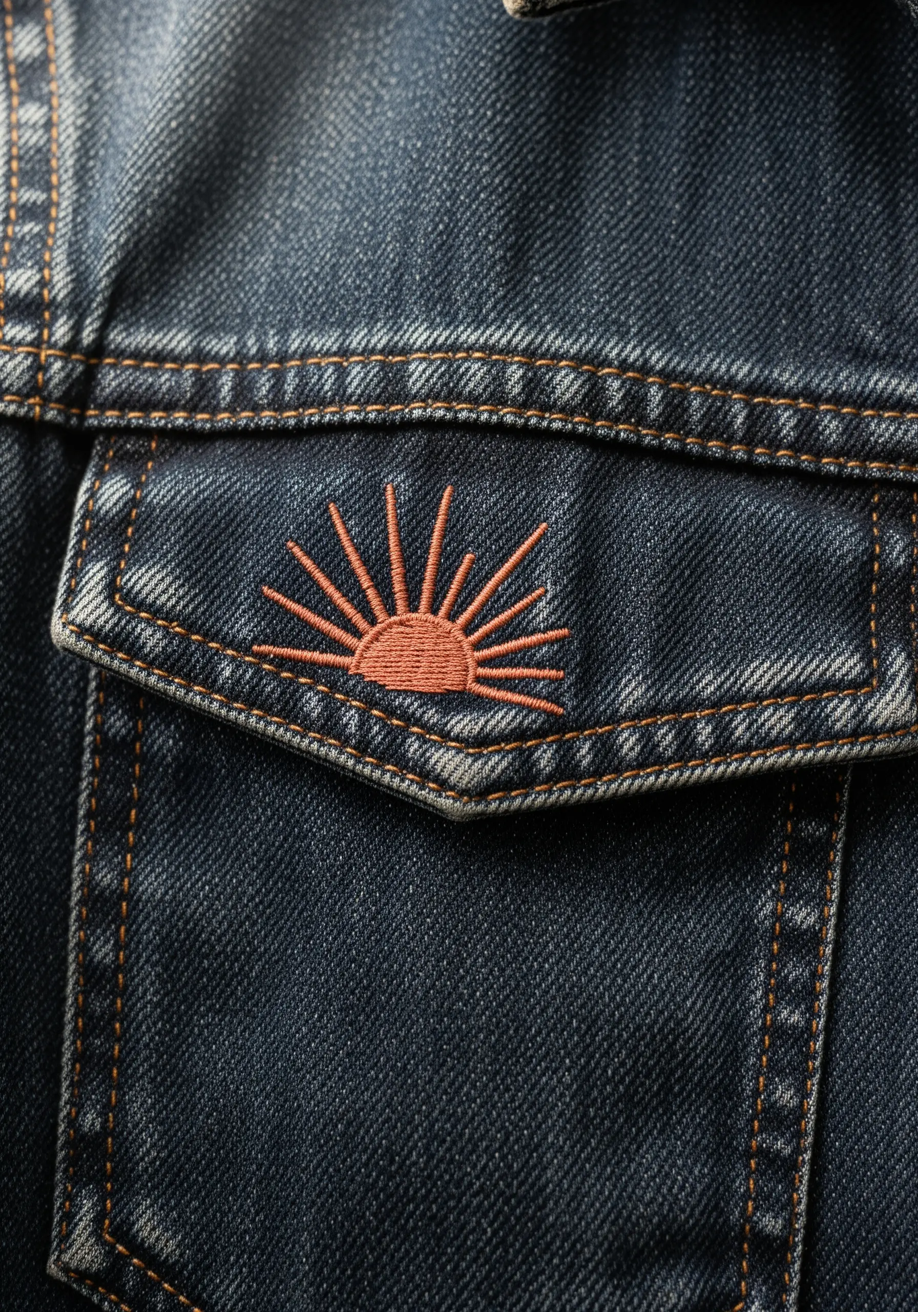 A minimalist sunburst embroidered in coral thread on the pocket of a dark denim jacket.
