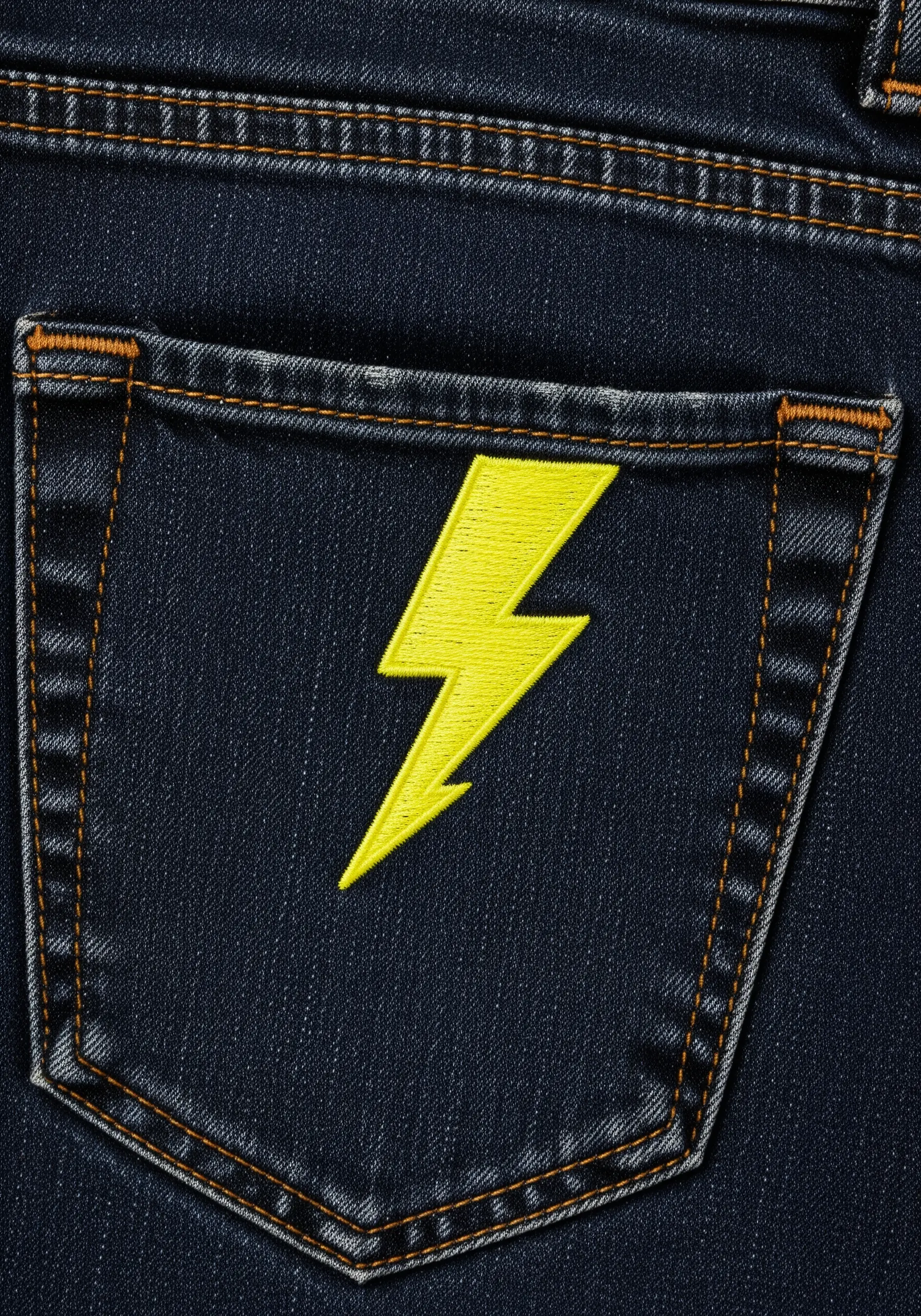 A bright yellow lightning bolt embroidered on the back pocket of dark blue jeans.