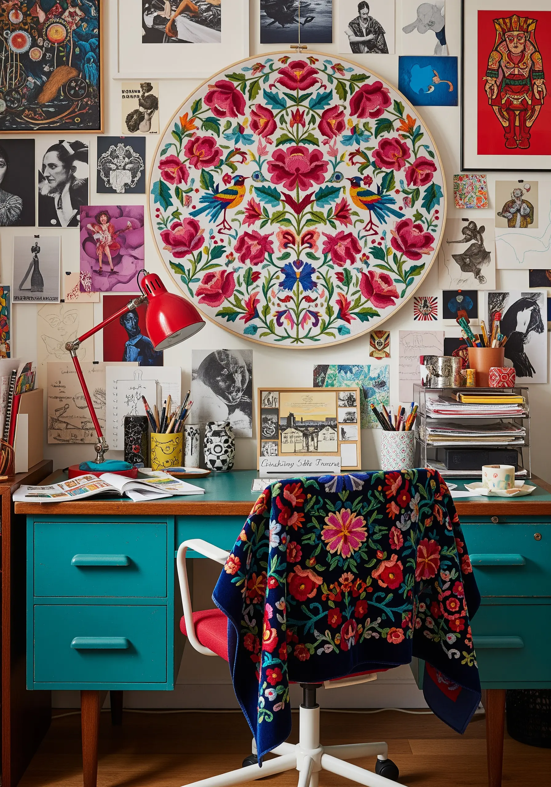 A very large embroidery hoop with a vibrant, symmetrical floral pattern hanging on a busy gallery wall.