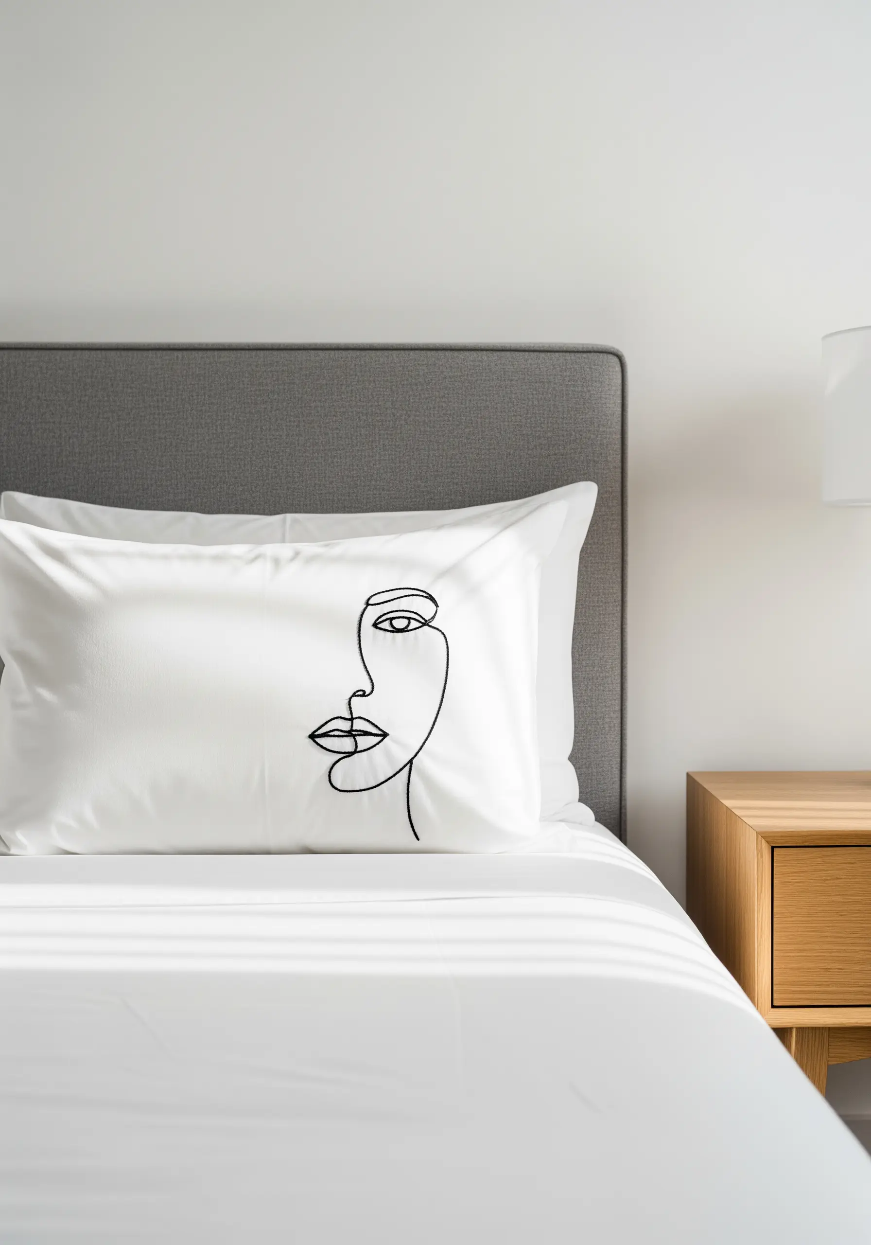 A single continuous line of black embroidery floss forms a minimalist face on a white pillowcase.