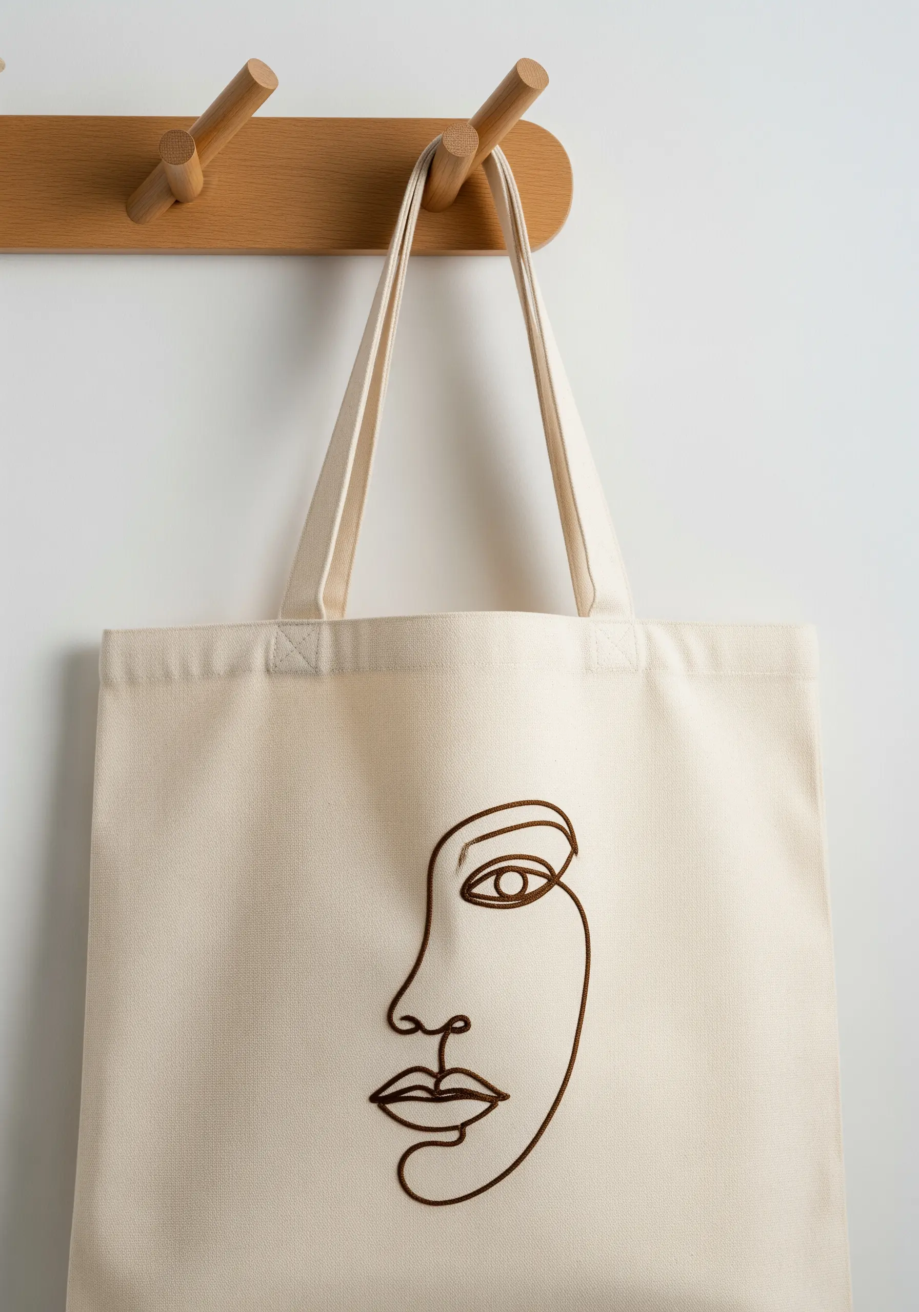 A continuous line art portrait embroidered in dark brown thread on a canvas tote bag.