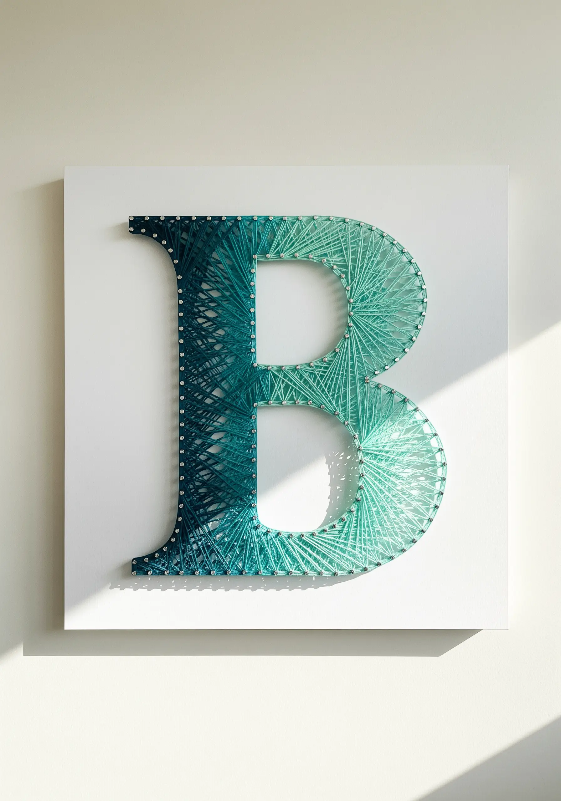 A monogram letter 'B' embroidered with a smooth gradient effect from dark teal to light mint.