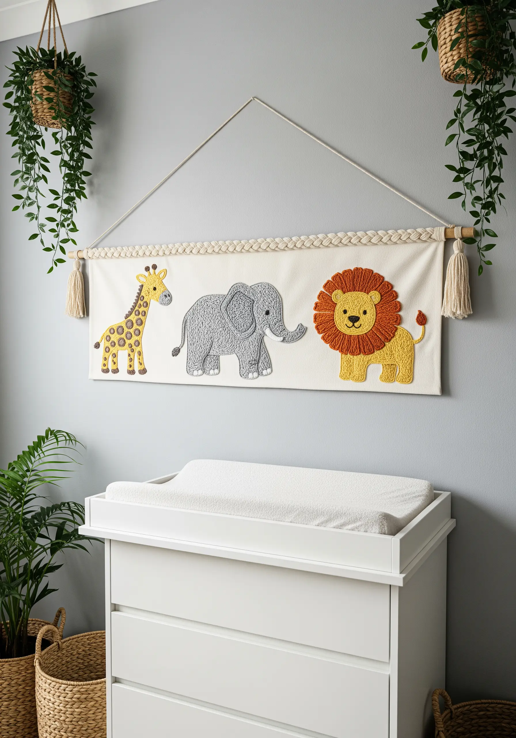 A safari-themed wall hanging with punch needle animals like a lion and elephant.