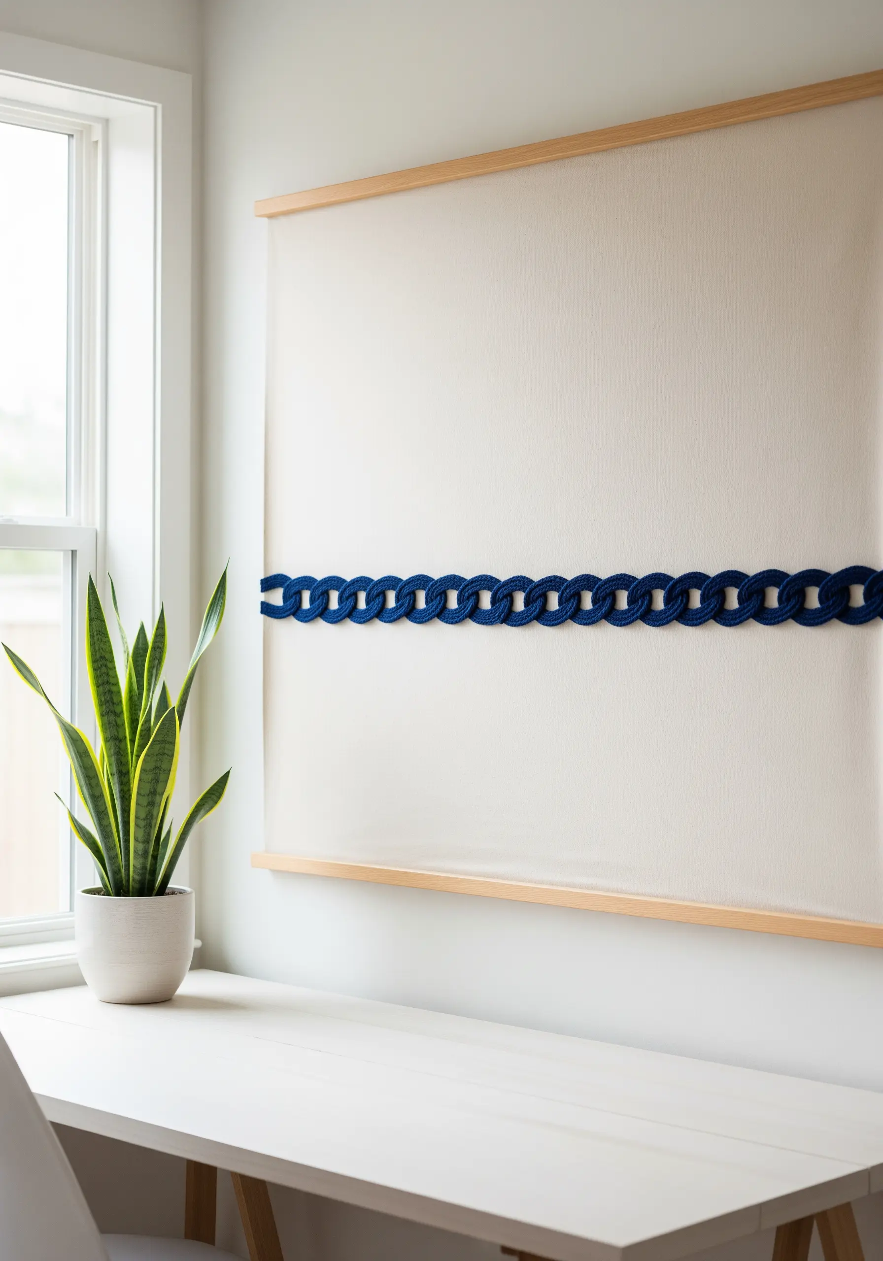A single horizontal line of navy blue couched cord creating a chain-link pattern on a large canvas.