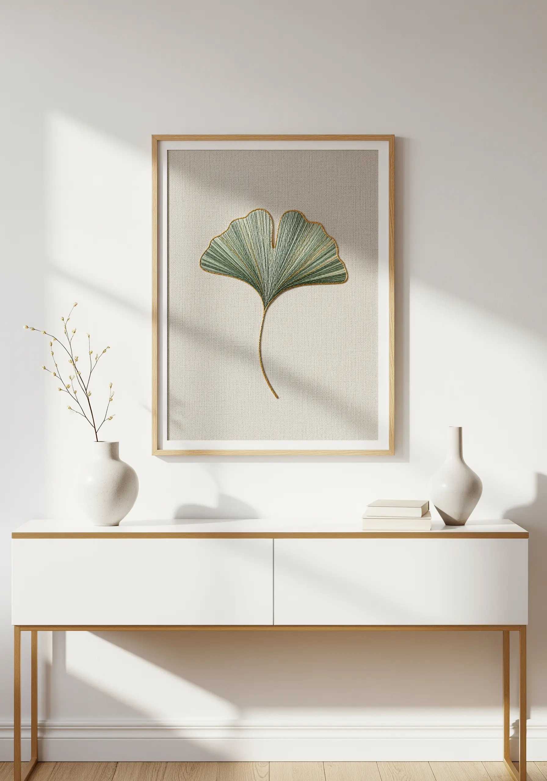 A single ginkgo leaf embroidered with green and gold thread on a neutral linen fabric, framed.