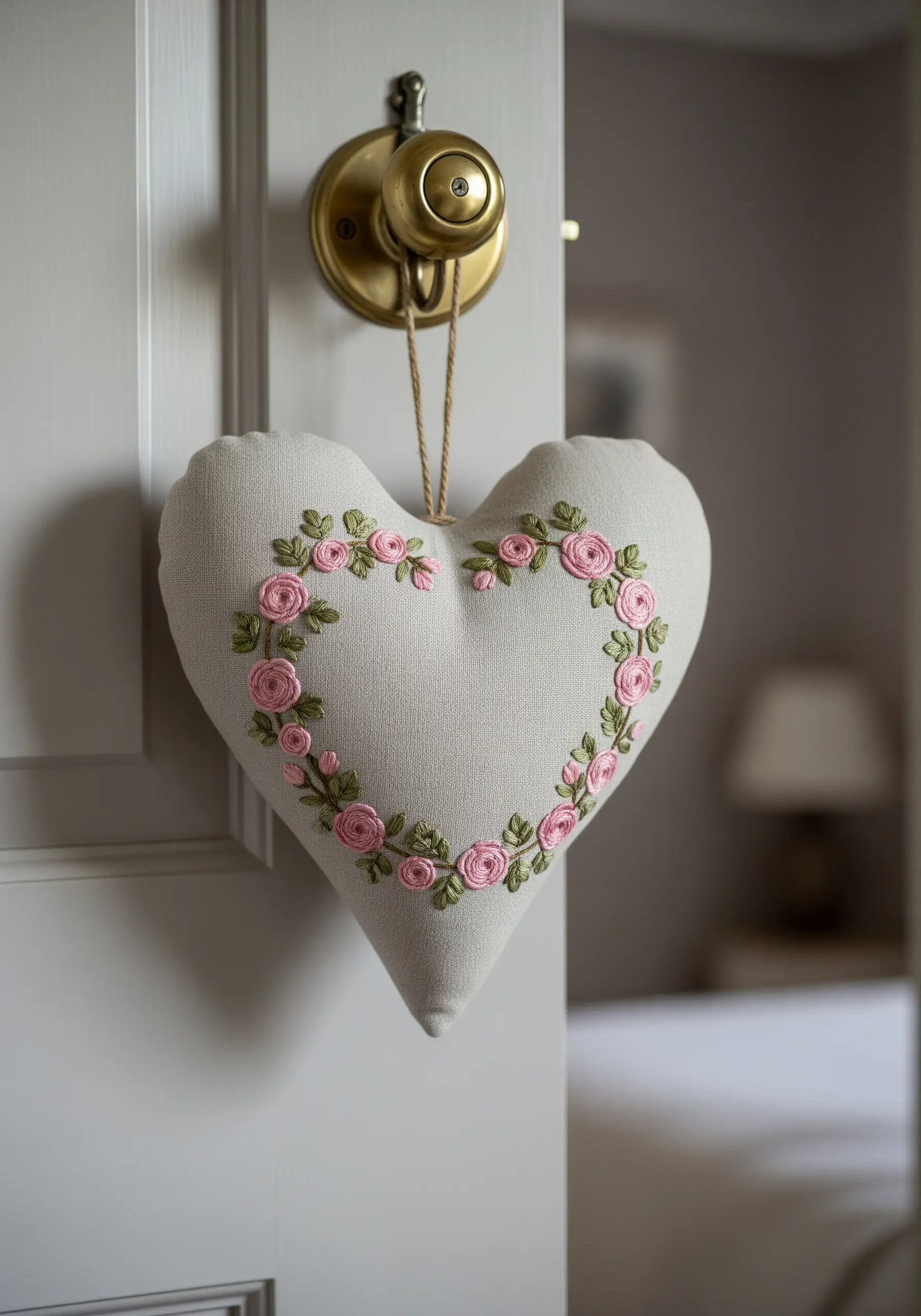 A heart-shaped linen sachet decorated with a wreath of pink woven wheel roses and green leaves.