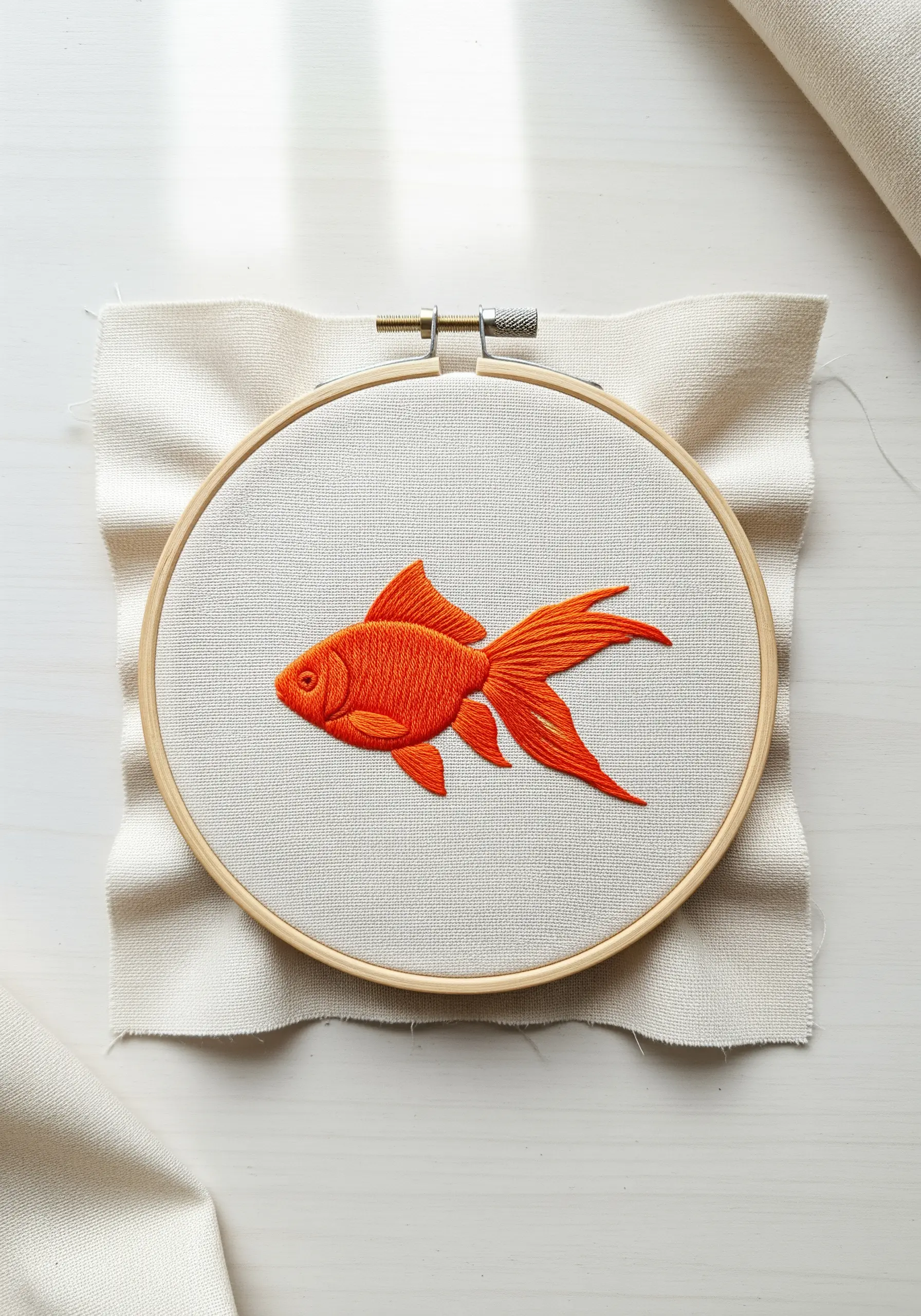 A vibrant orange goldfish with blended thread painting in an embroidery hoop.