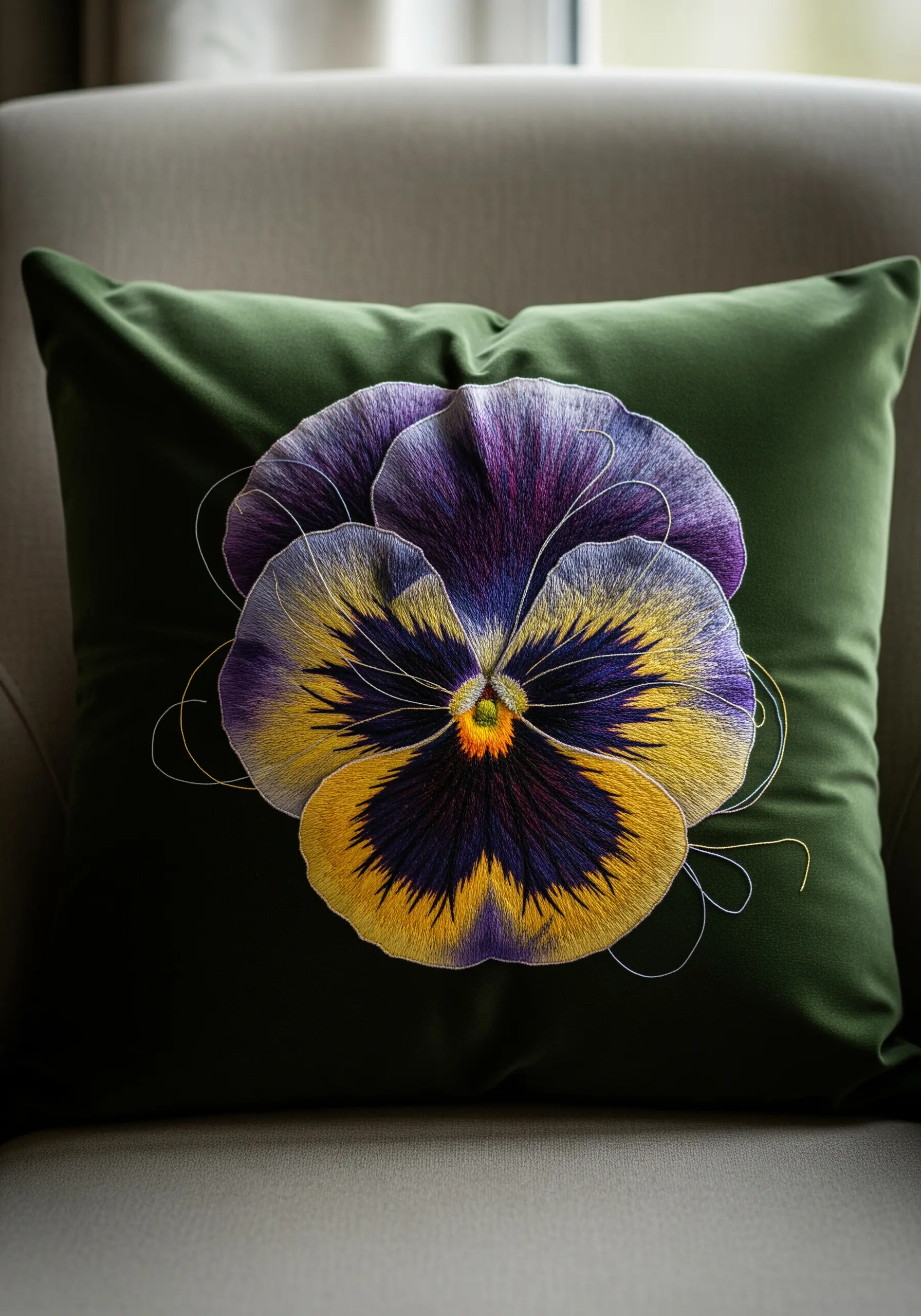 A photorealistic pansy embroidered with thread painting on a dark green velvet cushion.