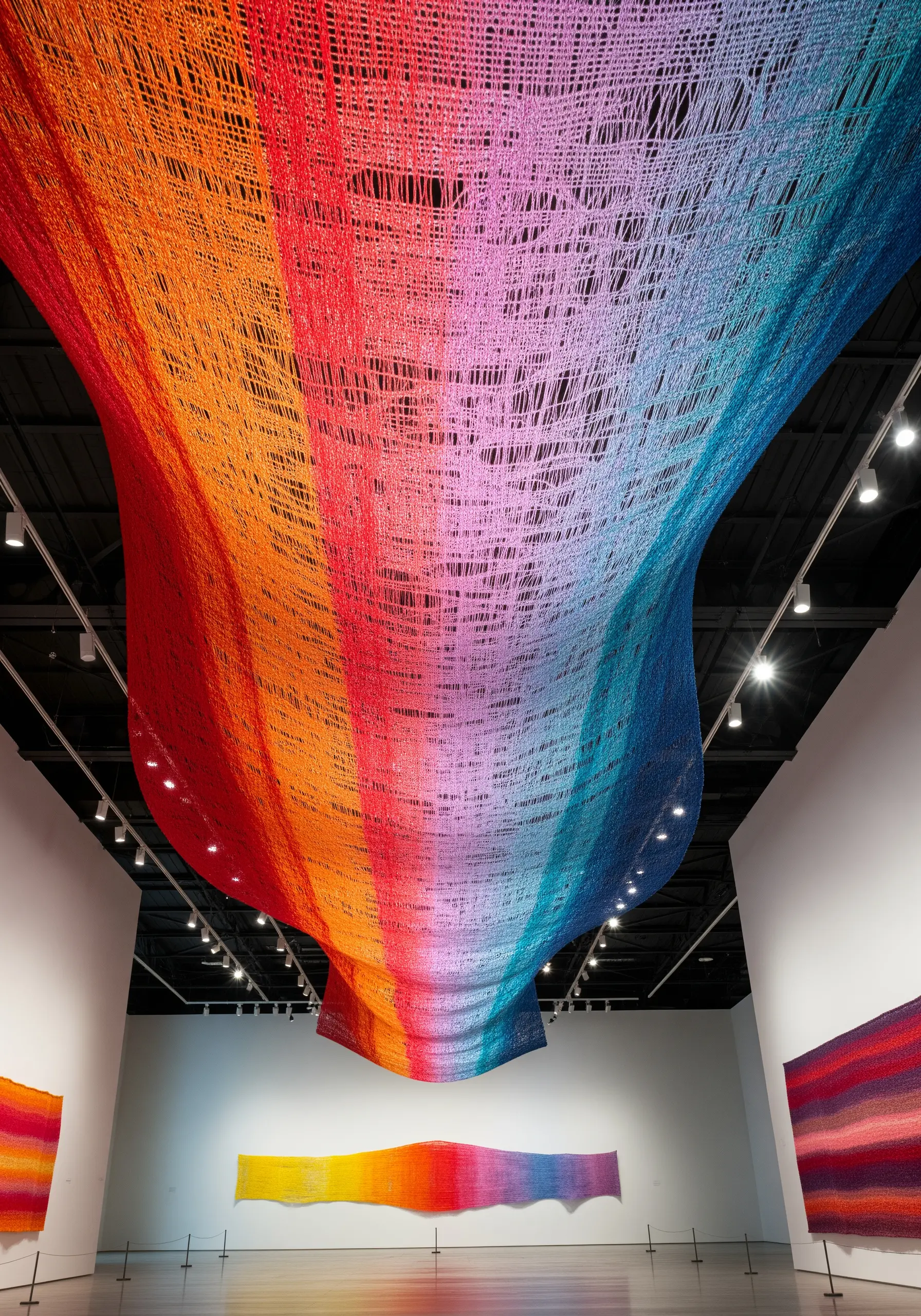 A massive rainbow gradient of threads stretched across a gallery ceiling, creating a flowing canopy.