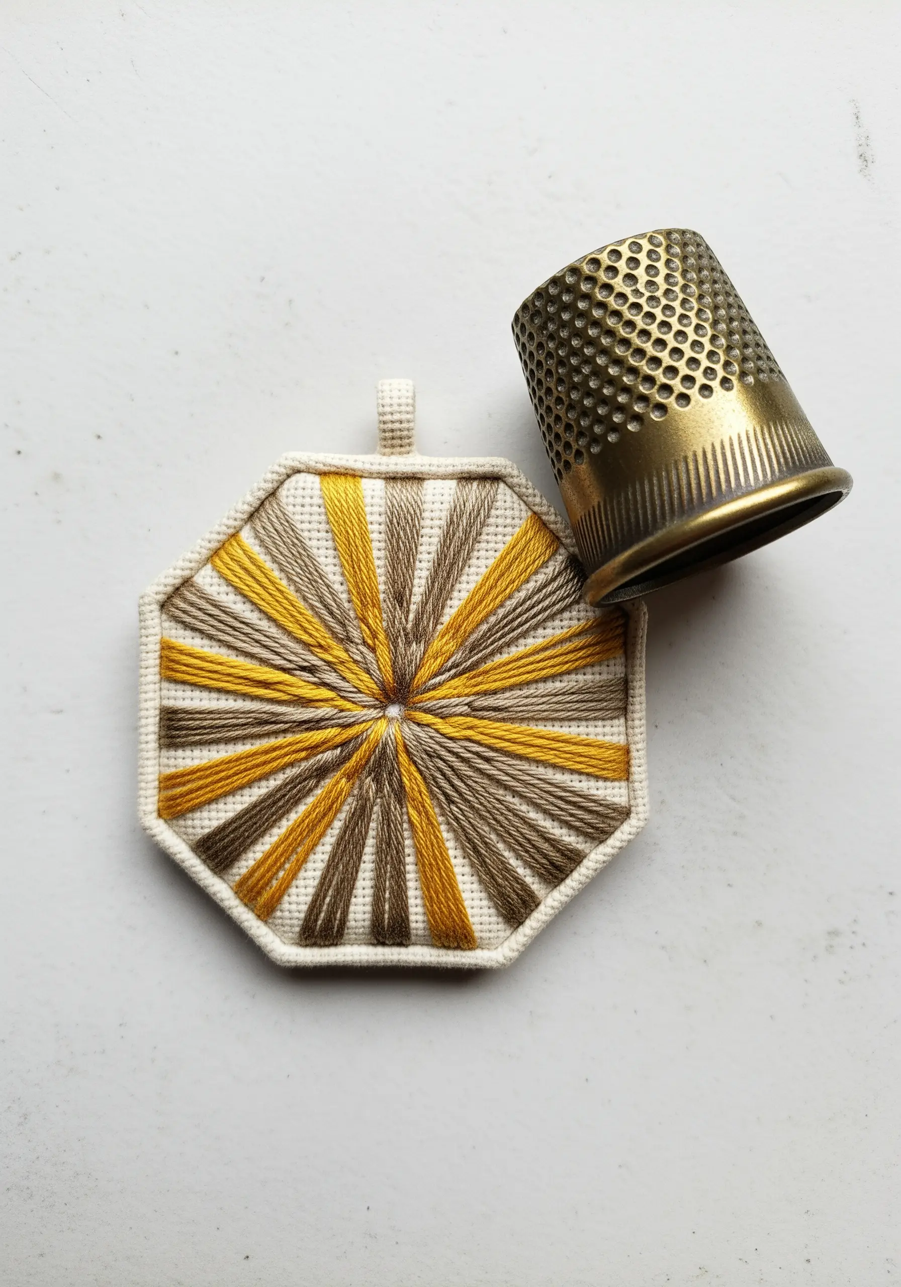 A geometric sunburst pattern in yellow and brown long stitches on an octagonal pendant.