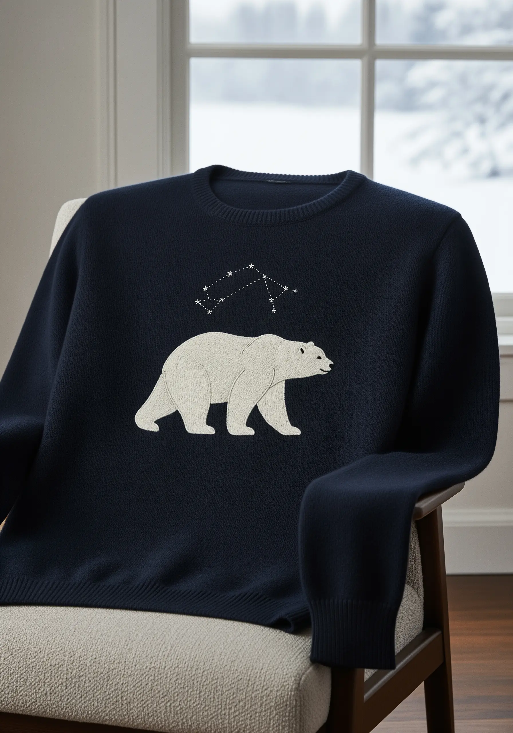 Minimalist outline of a polar bear and a star constellation embroidered on a navy sweater.