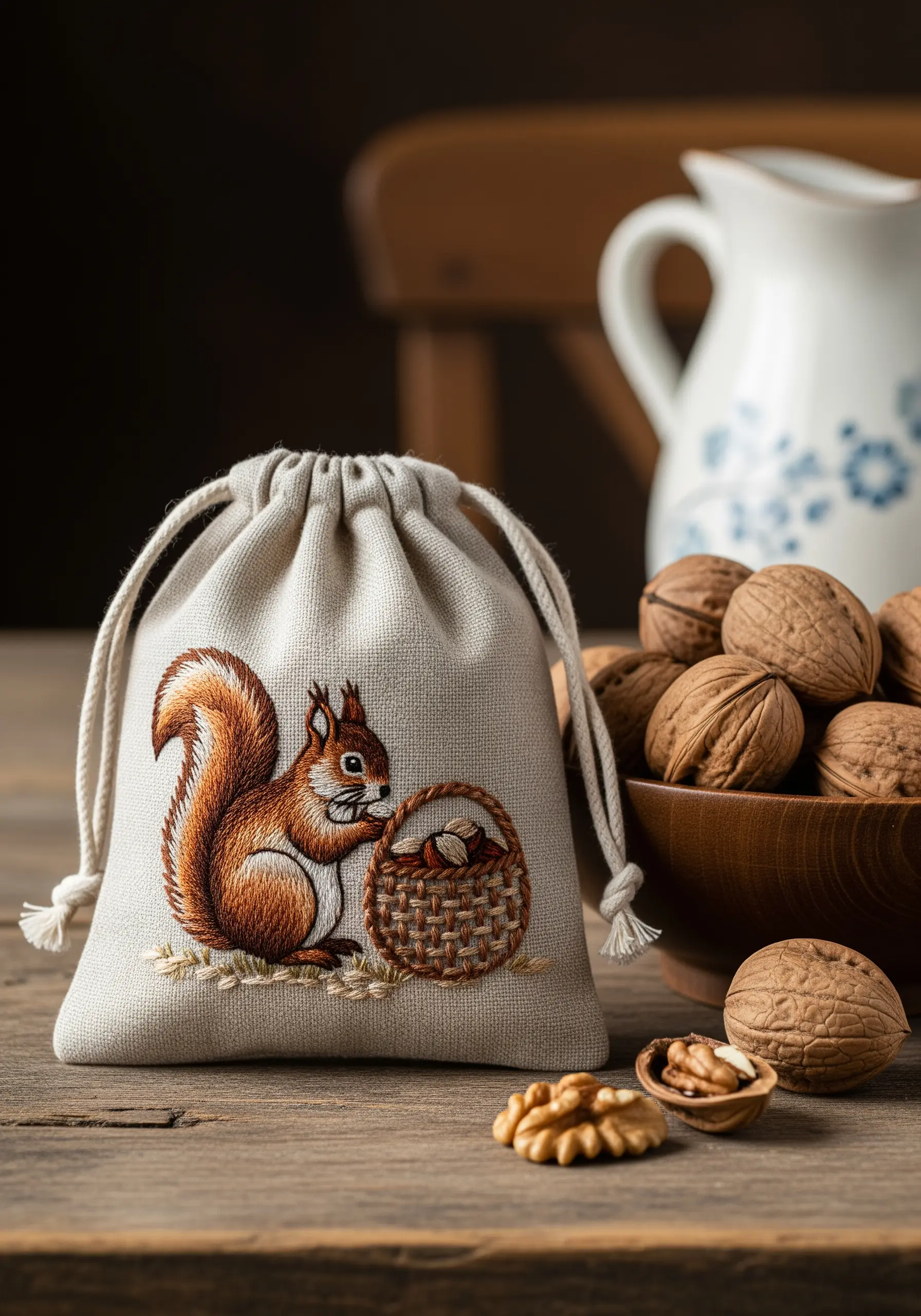 An embroidered squirrel with a woven basket on a small linen drawstring bag.