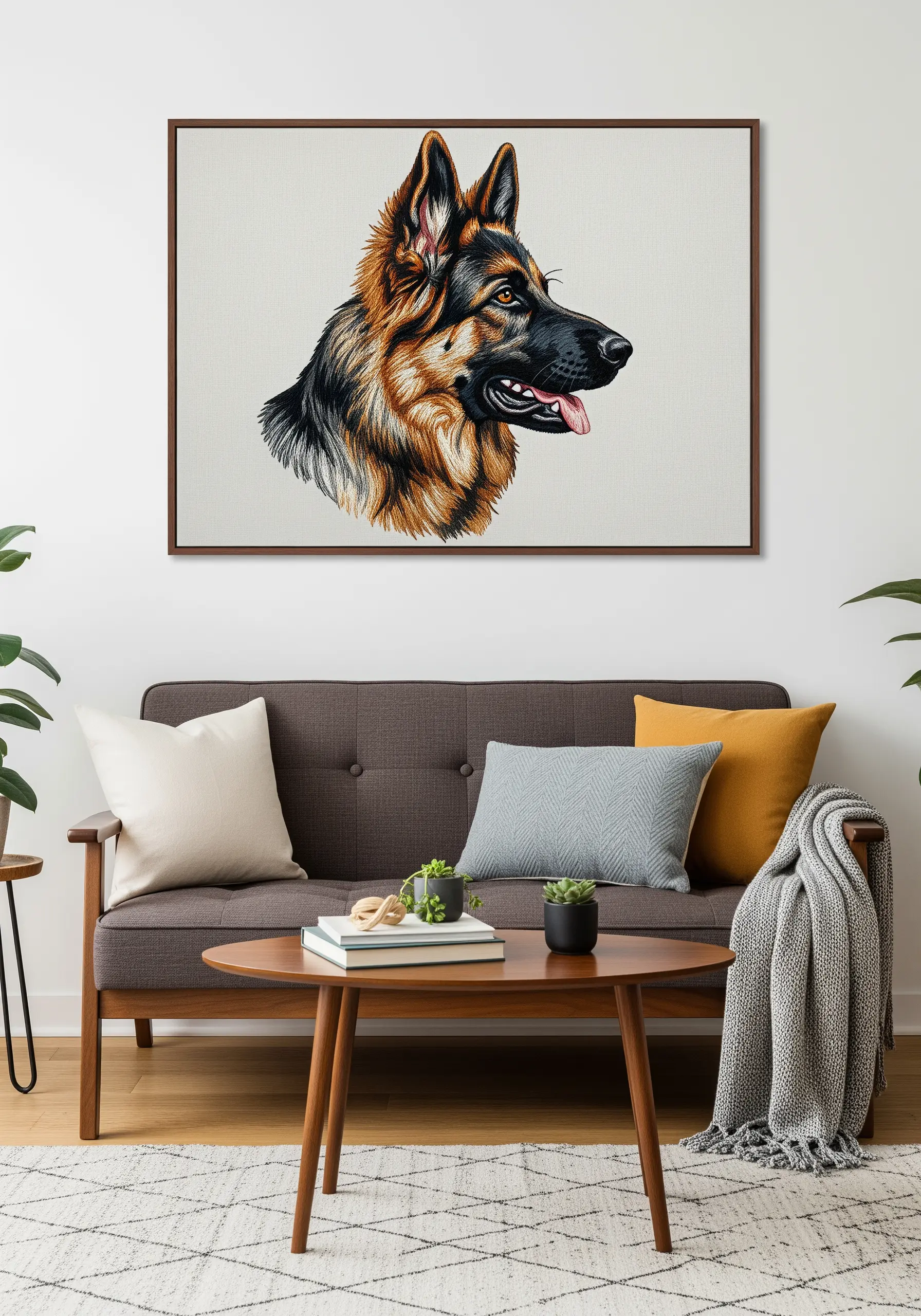 Detailed German Shepherd embroidery showing directional stitching for realistic fur.