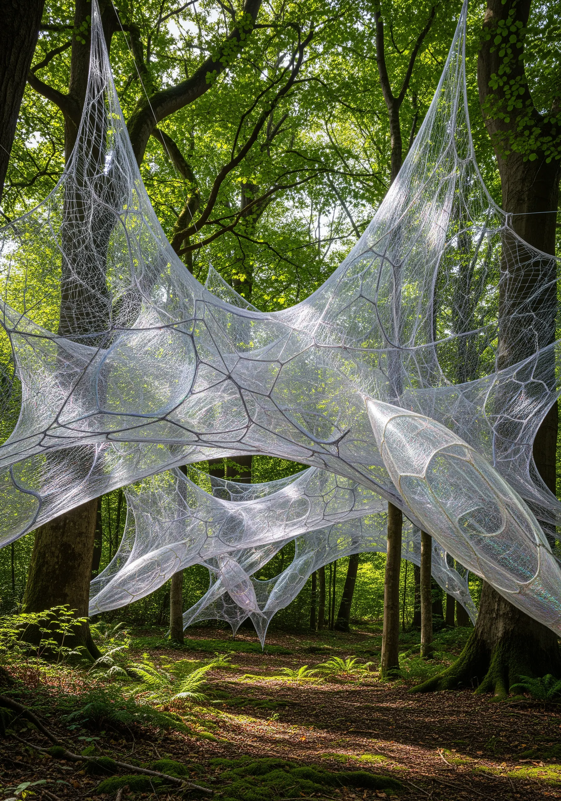 Translucent, web-like fiber structures suspended between trees in a lush green forest.
