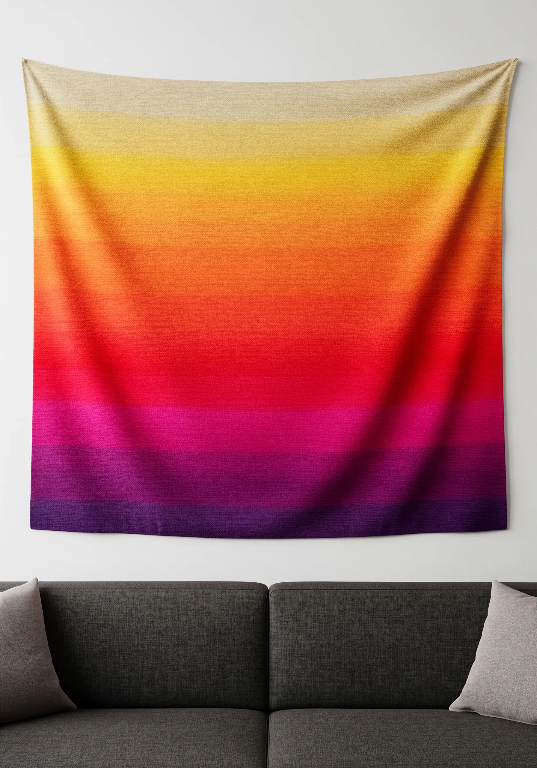 Large woven tapestry with a smooth color gradient from yellow to orange, red, and purple.