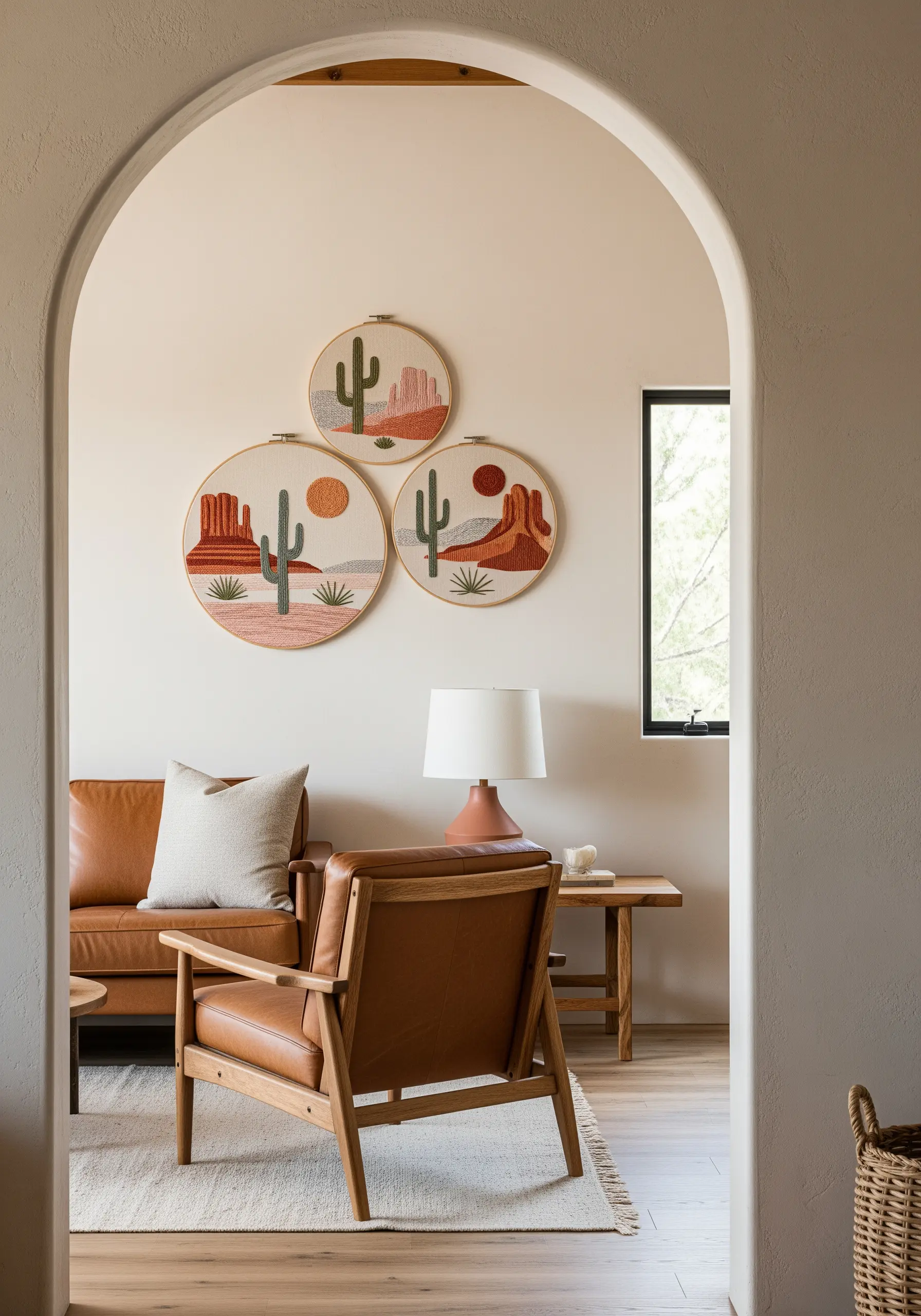 Embroidery hoops with desert scenes in dusty pink and green tones.