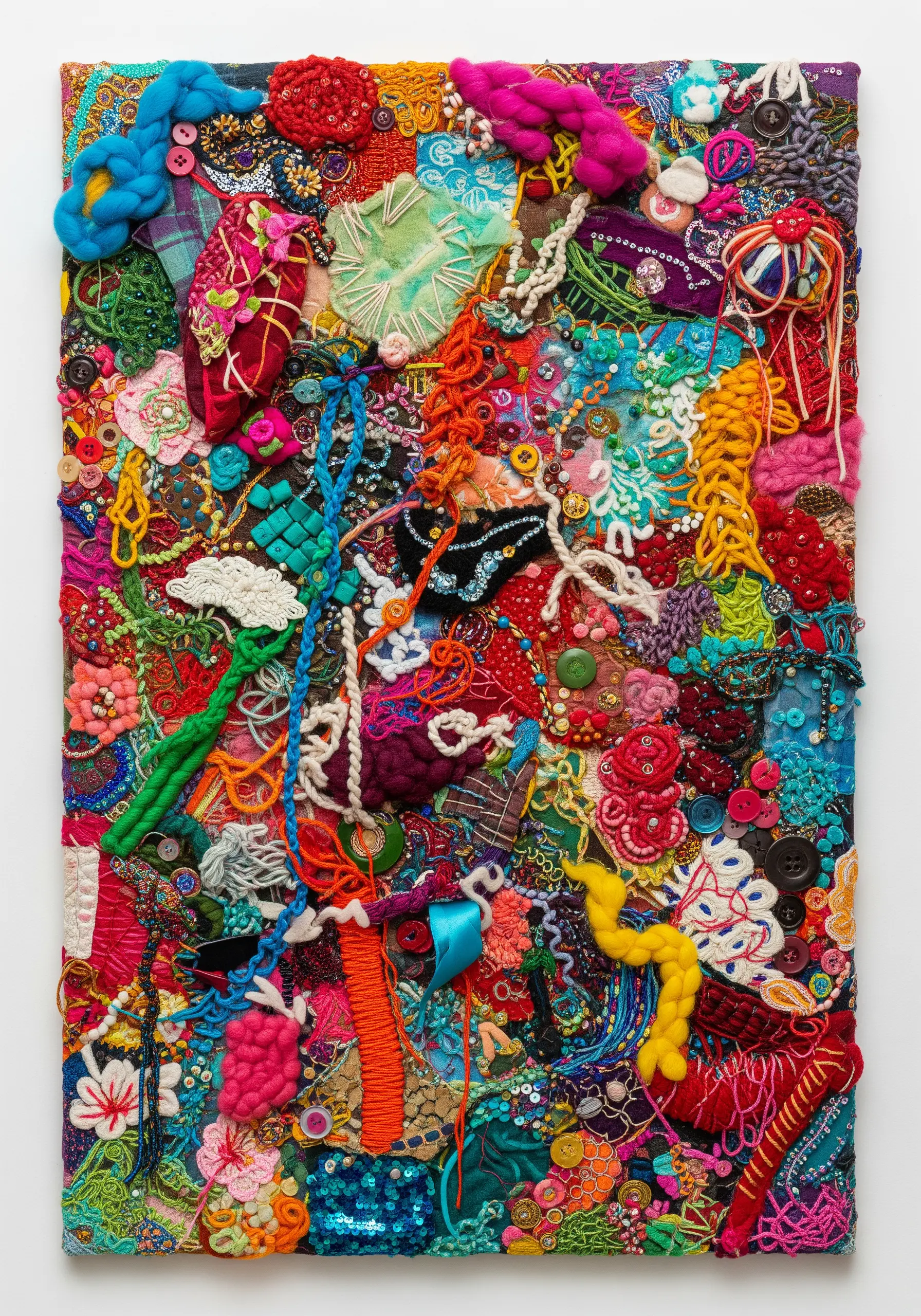 A dense, maximalist textile collage packed with colorful fabrics, buttons, beads, and yarn.