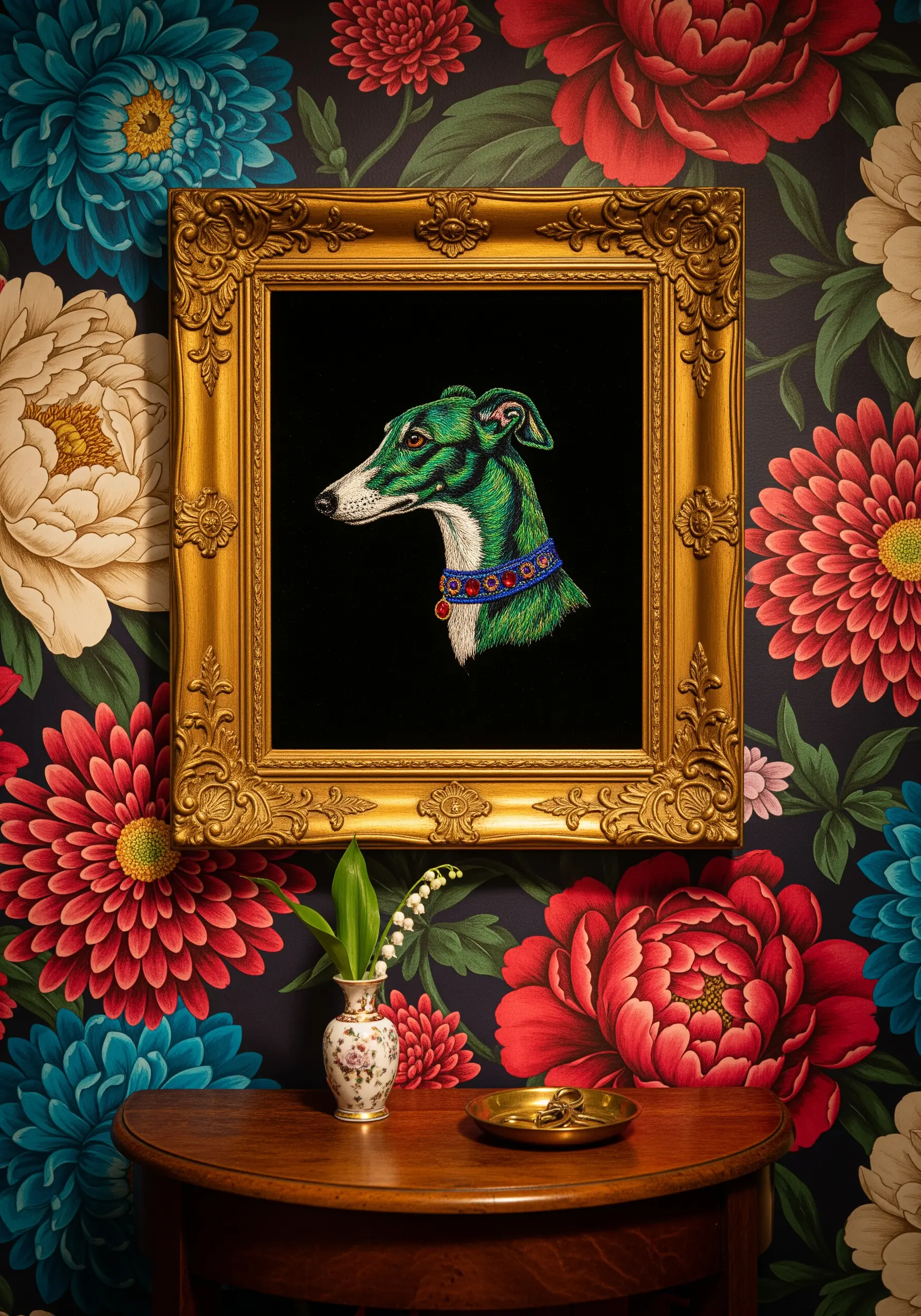 A stylized green greyhound portrait on black fabric in an ornate gold frame.